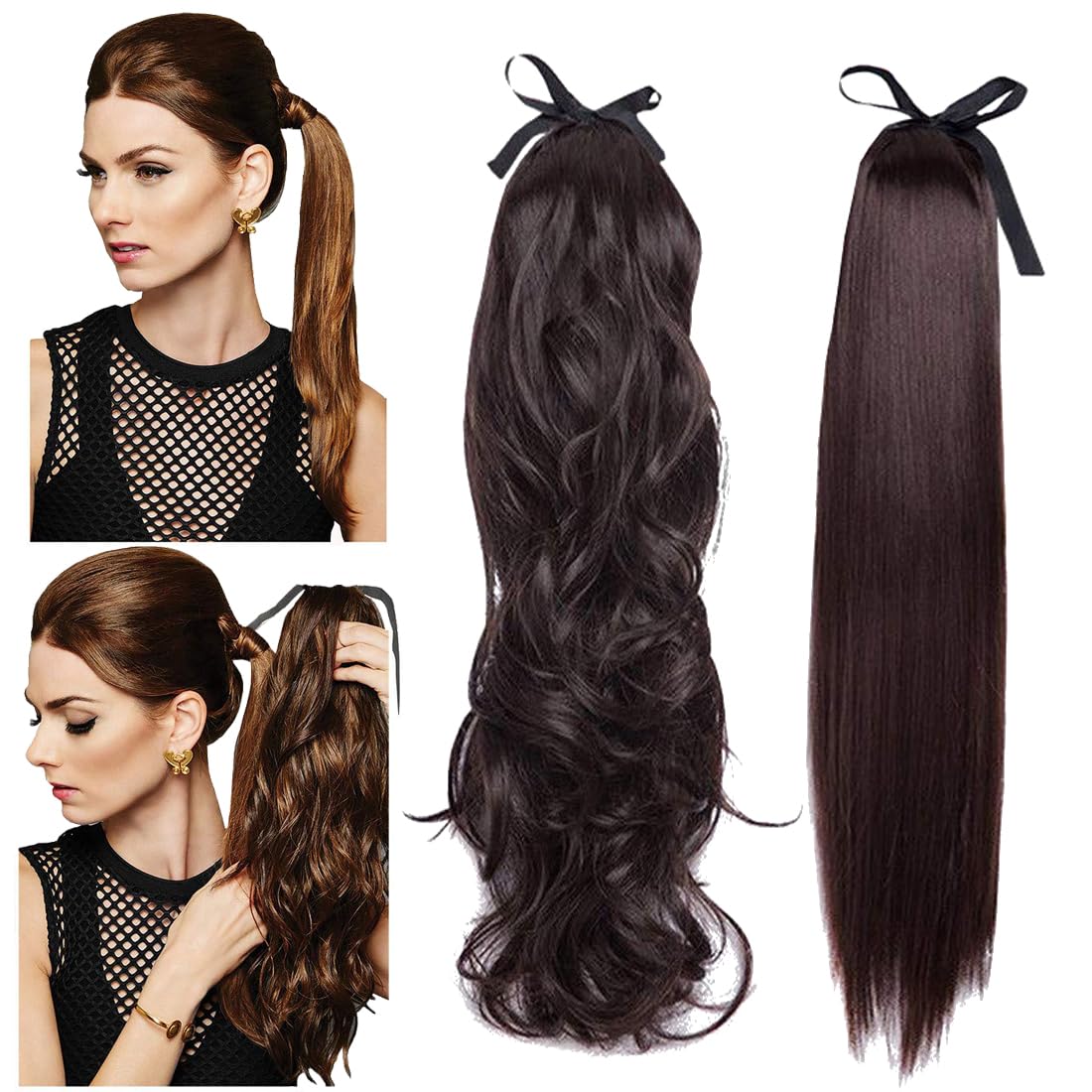 Natural Tie up Ponytail Extension One Piece High Pony Tail Clip in String Voluminous Wig for Black Women Wavy 14