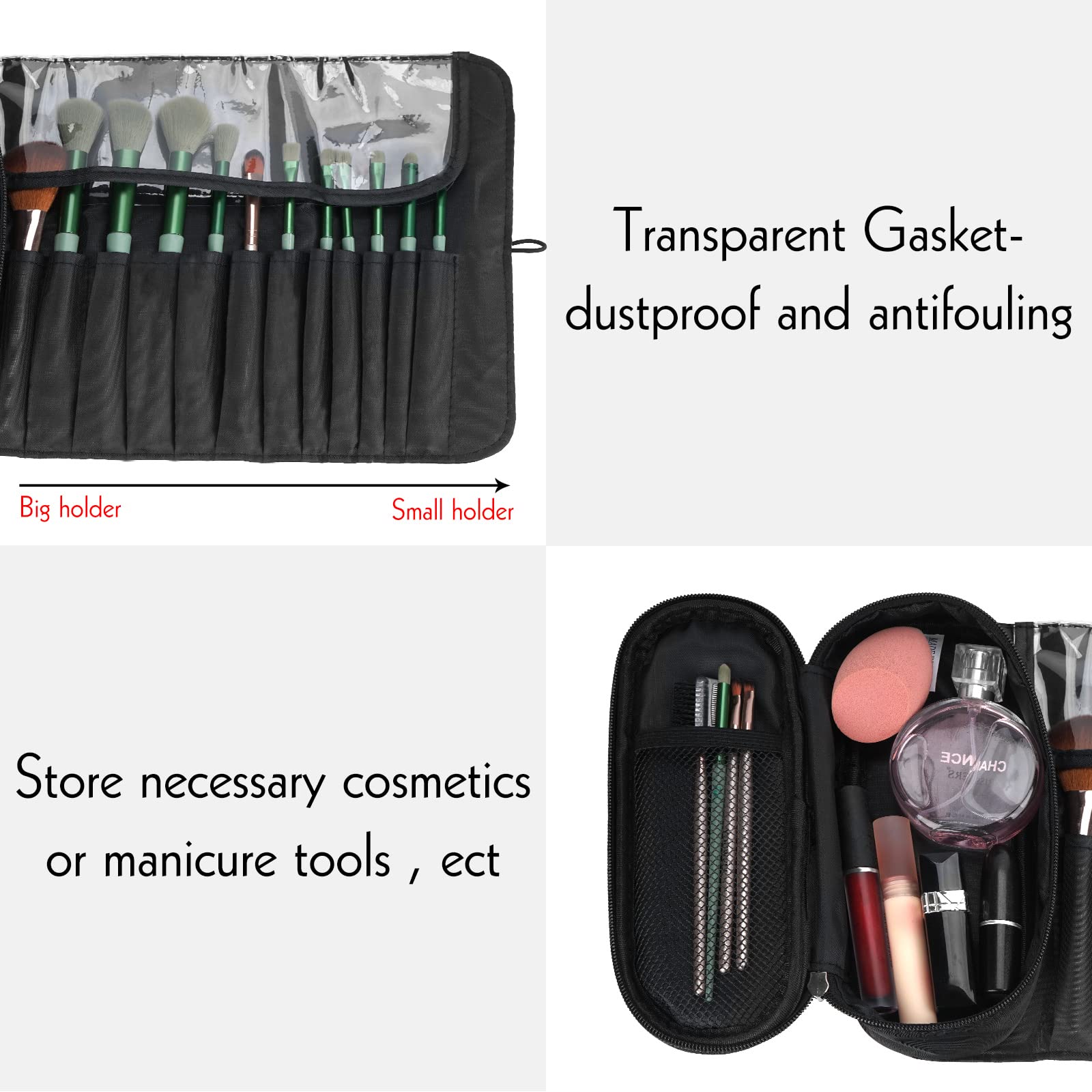 Portable Folding Makeup Brush Bag, Multifunctional Cosmetics Rolling Storage Case Makeup Brush Holder for Travel (Black) - Image 3