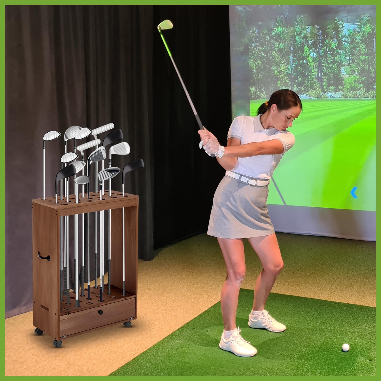 Silipull Golfschlägerständer mit 27 Löchern, Holz, für Golfschläger mit Schublade und Rad für den Innenbereich, Zuhause, Büro, Simulator, Garage