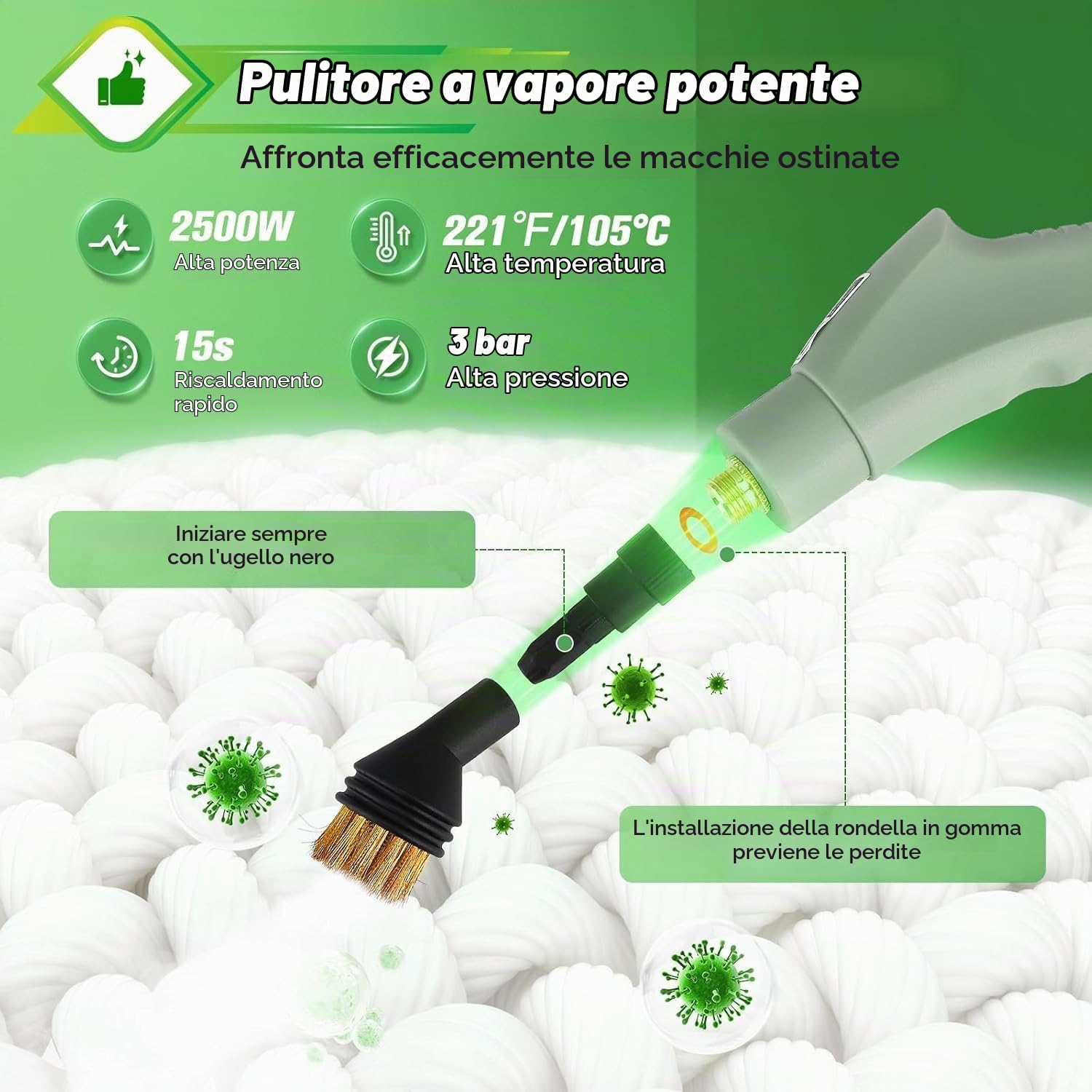 Pulitore a Vapore,2500W Pulizia a Vapore Portatile con 11 Accessori di Spazzole 1100 ML di Serbatoio Dell'acqua, Vaporetto Portatile di Mobili Lmbottiti per Mobili da Cucina, Bagno, Auto,Divano