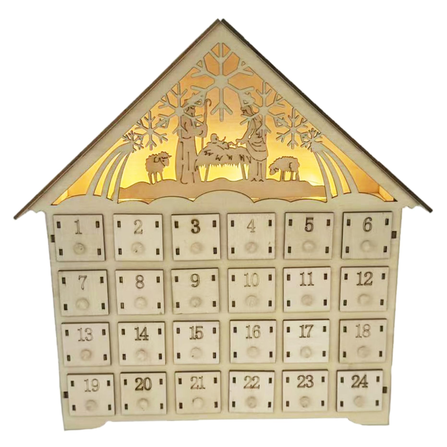 Calendario dell'Avvento in legno con cassetti e LED Conto alla rovescia di 24 giorni per il calendario dell'Avvento di Natale 2025 Funziona a batteria per adulti Decorazione della casa per bambini