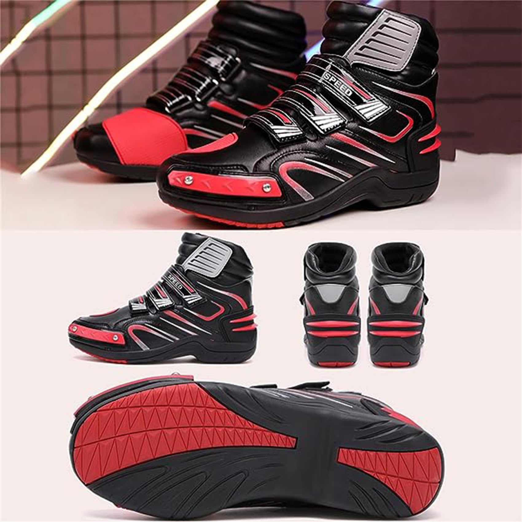 DJFOG Botas de Moto para Hombre, Zapatos de Moto de Soporte de Tobillo Impermeables Profesionales, Botas de Motociclista de Cuero de Streetbike