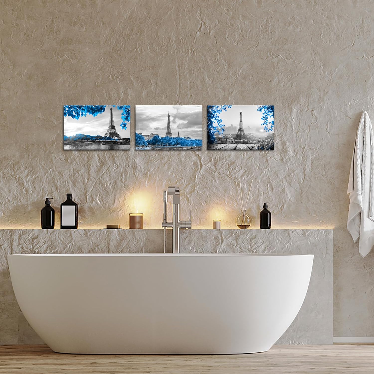 FuShvre Paris Wall Art Blue and Grey Canvas Art Eiffel Tower Pictures for Bathroom Bedroom Wall Decor Framed 12" x16” each piece