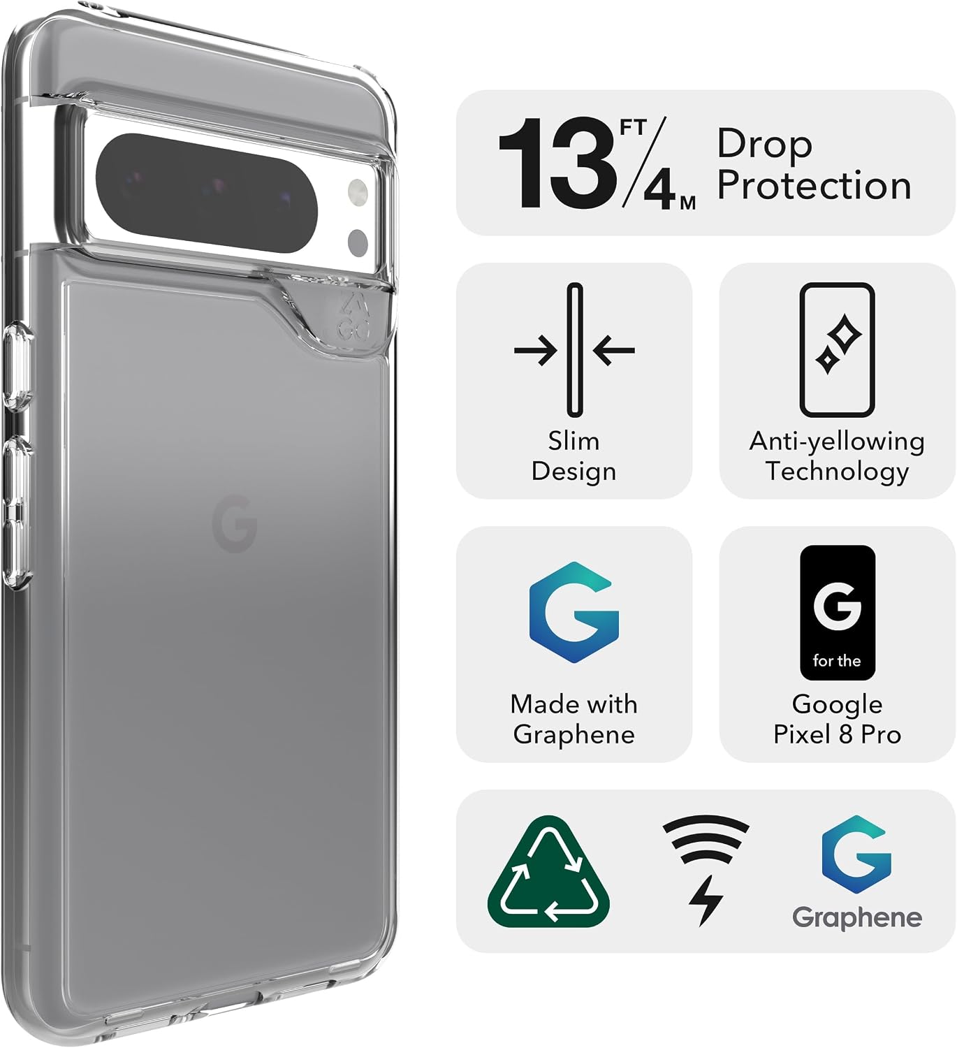 ZAGG Crystal Palace Google Pixel 8 Pro Case - Transparent Finish with Graphene Enhanced Impact Protection, Eco-Friendly with 78% Recycled Content, Wireless Charging Compatible Phone Case, Clear