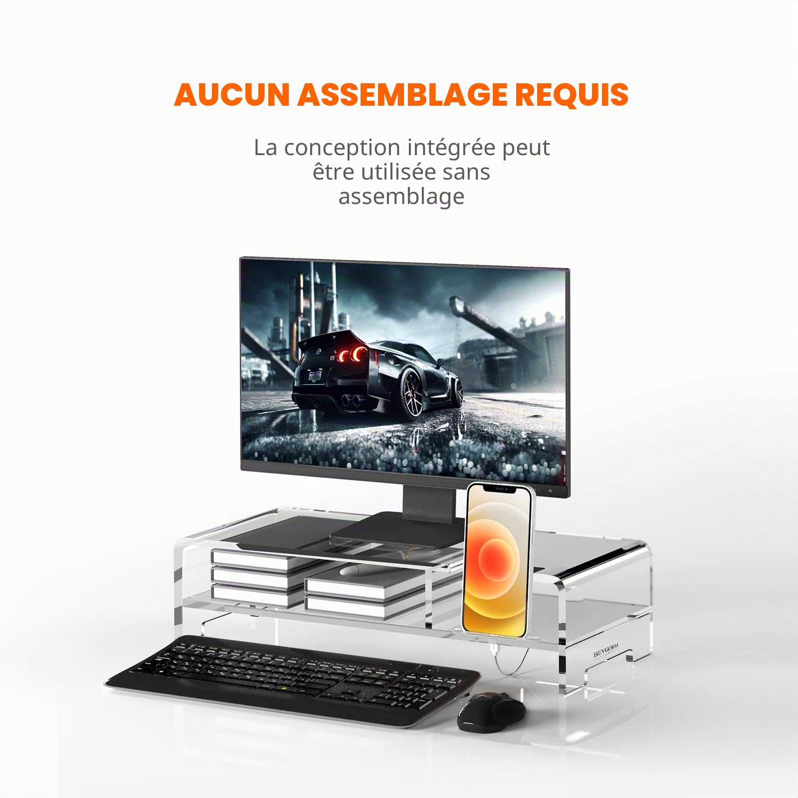 BEYGORM Support de Moniteur en Acrylique, Large 50,8 cm, 2 Niveaux avec Rangement, Organiseur de Bureau, imprimante, Ordinateur Portable, Support d'écran (Transparent)