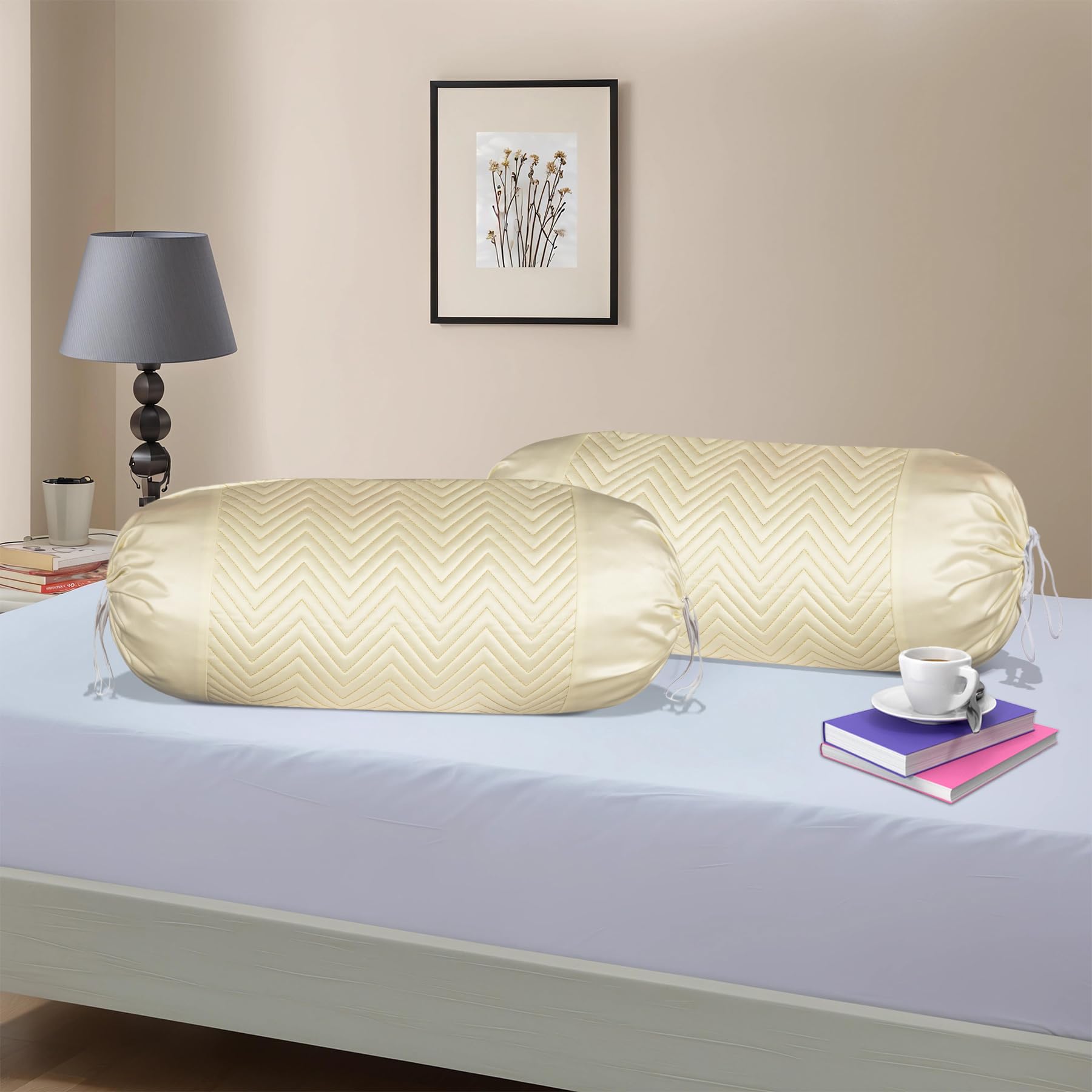 Kuber Industries 2 Pcs Aesthetic Bolster/Side Pillow Cover with Dori for Sofa & Diwan | Washable Cylindrical Takiya & Round Pillow Cover for Home Decoration | Zig Zag- Cream Golden