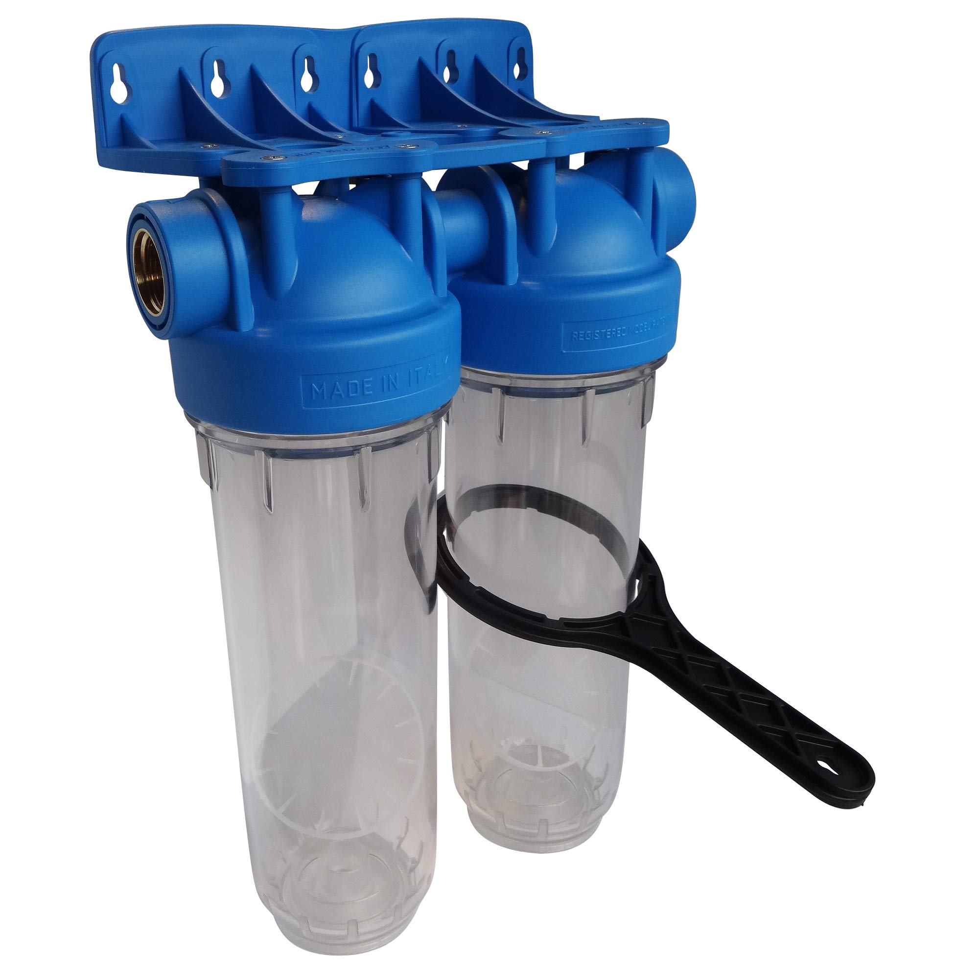 AQUAWATER - 104509 - Station filtre double nu avec clé de déserrage - Taille standard 10" - Raccordement F20/27 & 104975 - Cartouche filtrante anti-sédiments bobinée 20 microns