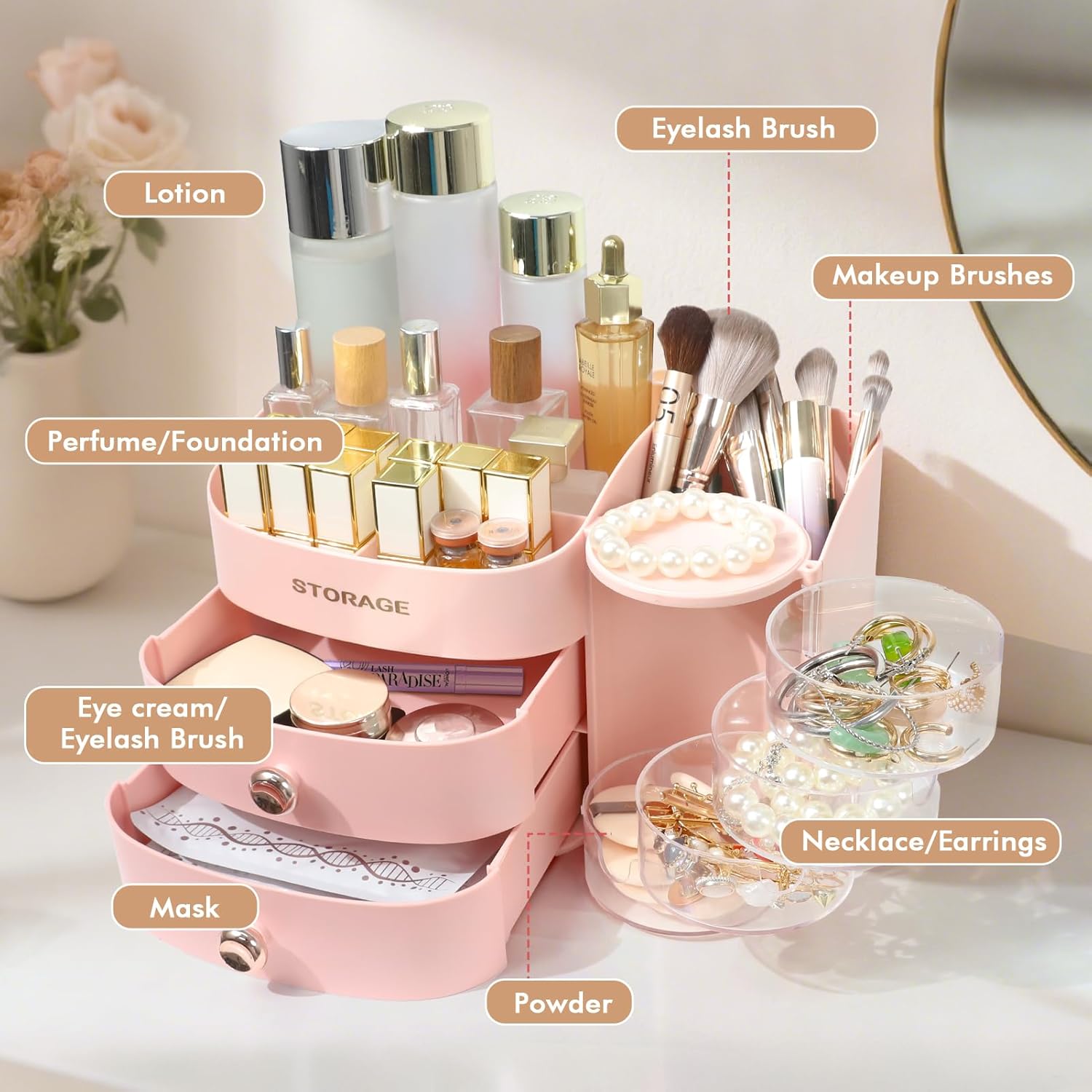 Makeup Organizer Countertop with Drawers, Make up Organizers for Vanity, Skincare Jewelry Earring Organizers, Cosmetic Display Cases Makeup Storage for Bedroom & Bathroom, Ideal Gifts for Women(Pink) - Image 2