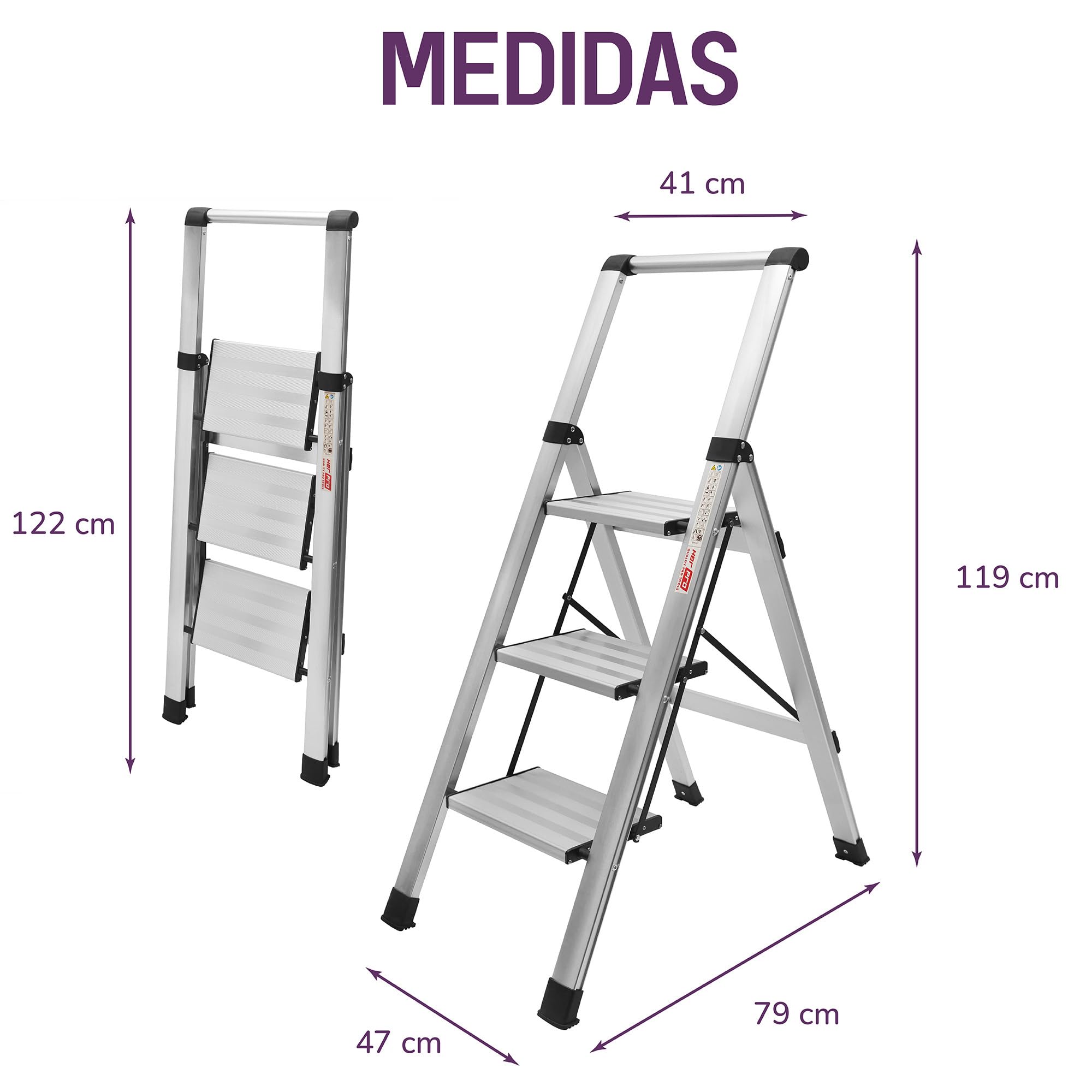 Escaleras Plegables Alumino, Escalera de Aluminio Plana Plegable y con peldaño Ancho, Ligera, Robusta y Resistente. Normativa EN-131, hasta 150kgs (Negro, 3 Peldaños)