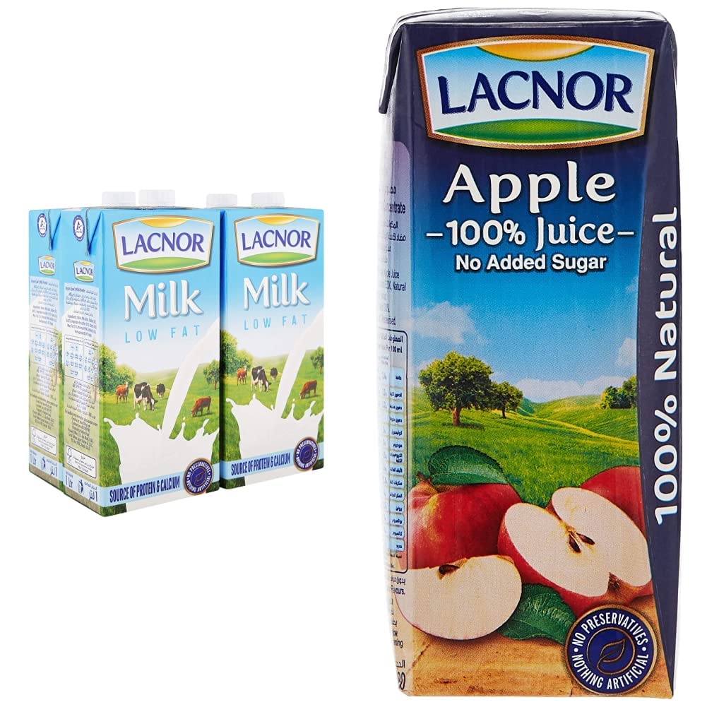 Lacnor Milk Low Fat - 1 Litre (Pack Of 4) & Essentials Apple Juice - 180 ML X 8