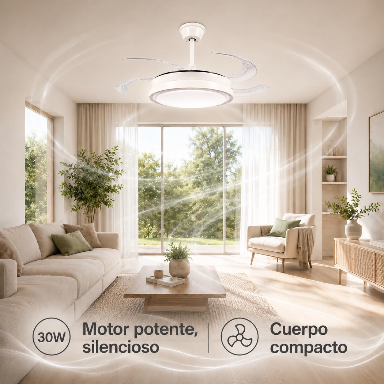 IluminaShop Ventilador de Techo con luz LED White-Faro Motor DC 30W+Luz 40W, Luz CCT Regulable y Control de Intensidad, Función Silenciosa, 6 Velocidades, 4 Aspas Retráctiles