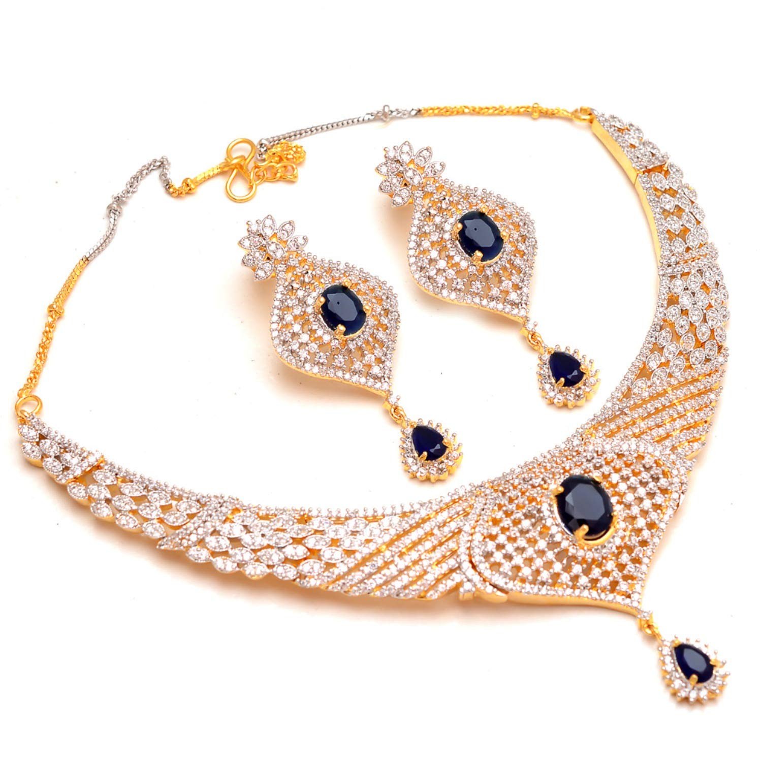 Jewar Mandi Necklace Set Blue Sapphire Cz Gemstons Silver-Gold Two Tone Plated Jewelry For Women & Girls 8645