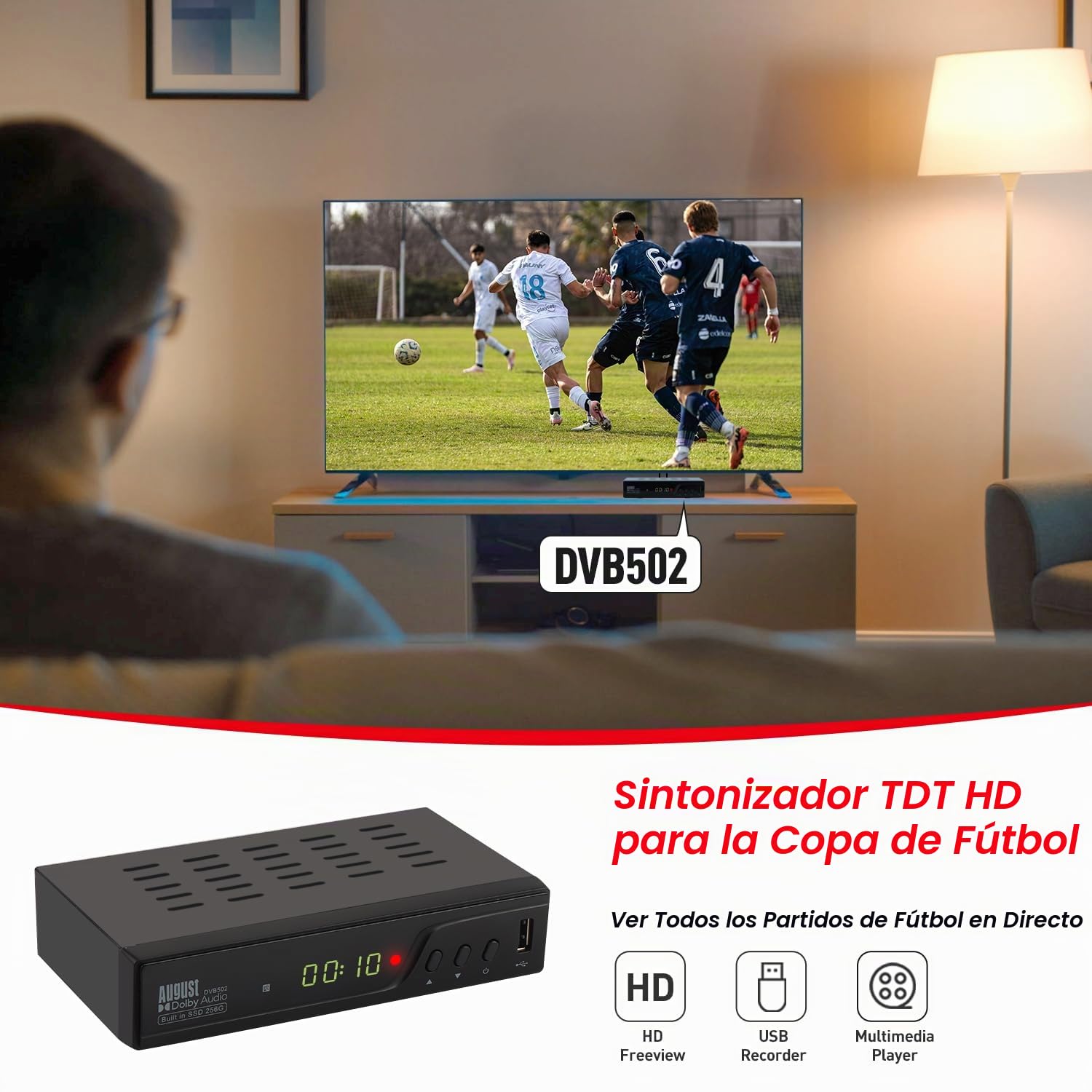August DVB502 256 GB SSD Decodificador TDT HD, Tuner Doble Receptor TDT TV Grabadora con EPG de 7 Días, HDMI Full HD 1080p, Pausa y Rebobinado en Tiempo Real - Subtítulos y Descripción de Audio