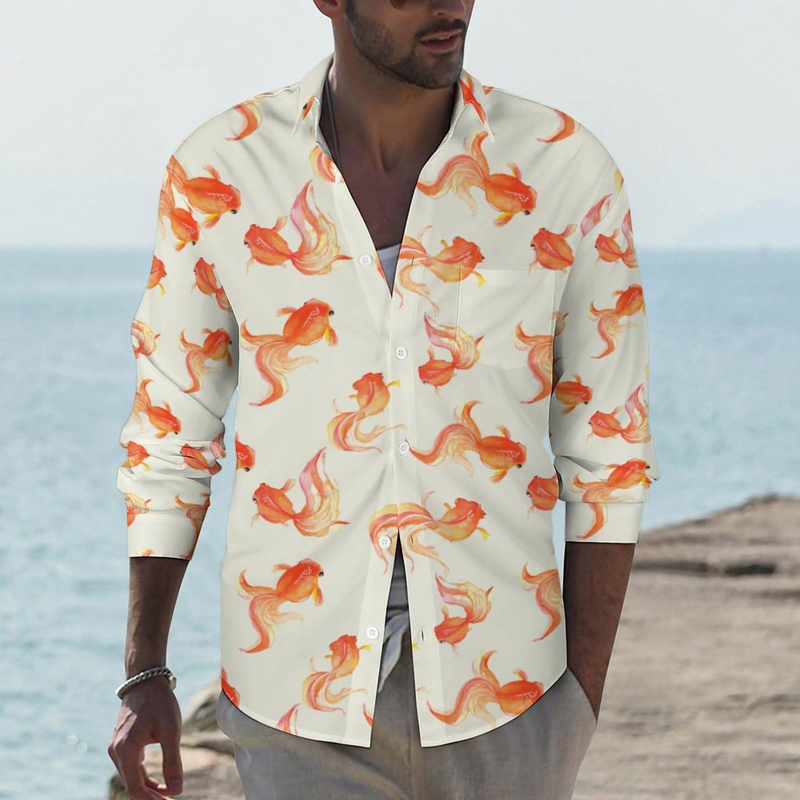 Amazon.co.jp: 金魚柄 魚柄 メンズ 長袖 シャツ ワイシャツ トップス