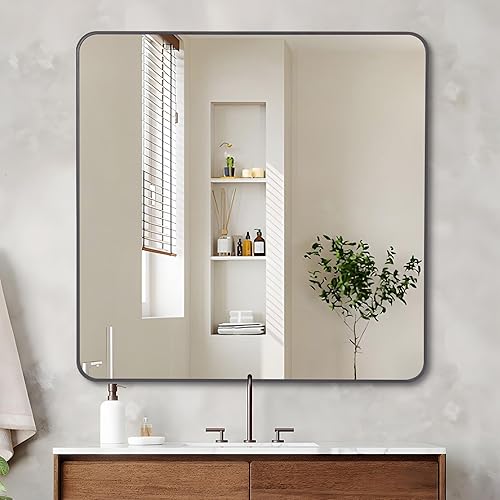 Miniatura 2 de DESBING Espejo de baño de 36 x 36 pulgadas, espejo de pared negro mate con marco de metal, espejo rectangular decorativo para dormitorio, baño, sala