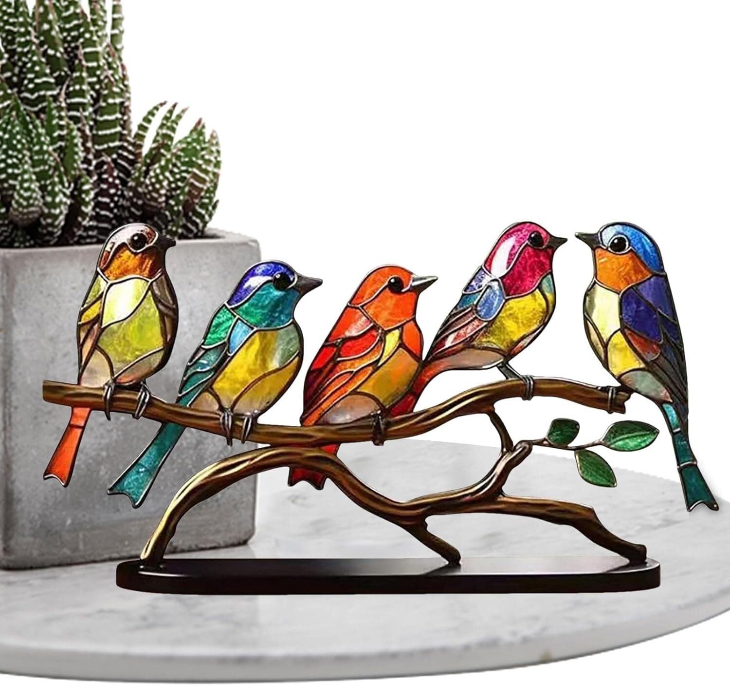 Huffa One Color Desktop Ornaments,Double Sided Multicolor Style Birds, Stained Glass Birds On Branch,Colors Ornaments, Gift For Housewarming Decor And Bird Lover,Double Sided