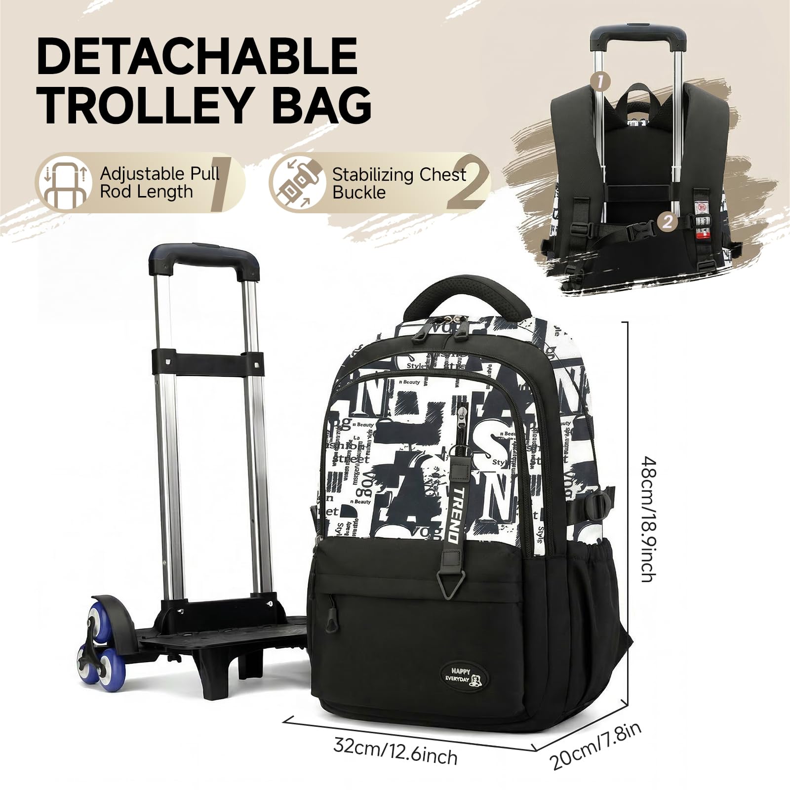 Amythe Zaino Trolley Ragazzi 10-24 Anni – Cartella con Ruote 6 Ruote per Scuola Media e Superiore – Grande Zaino Casual da Viaggio per PC 15.6 Pollici – Rientro a Scuola e Natale