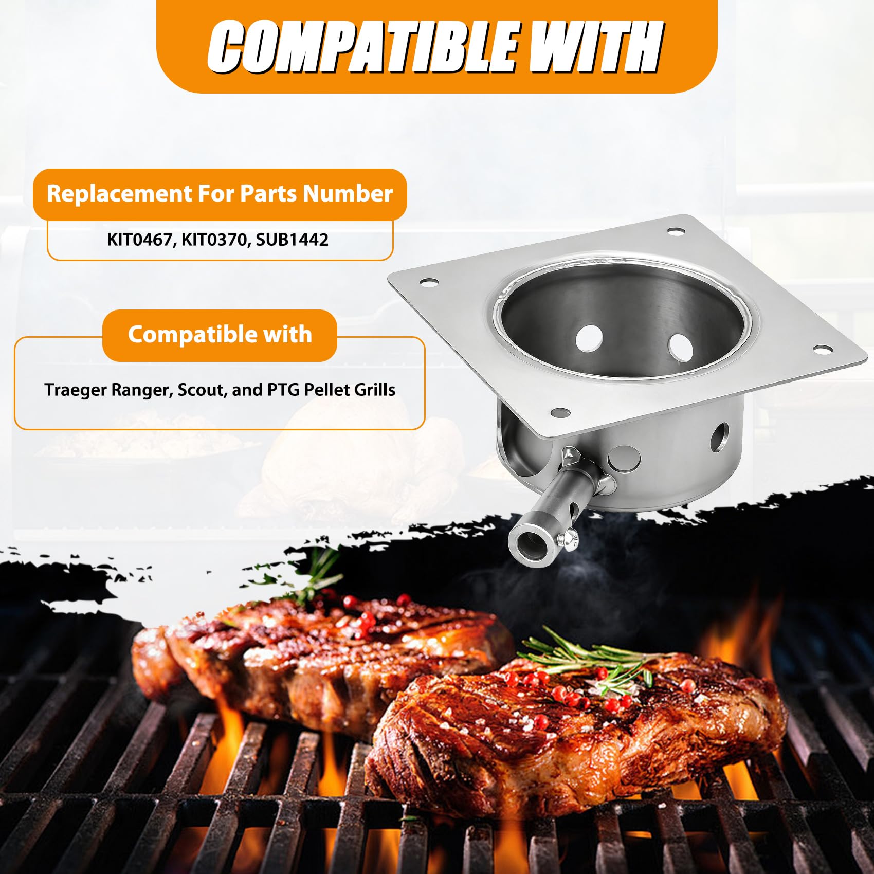 Parti di ricambio per braciere per griglie a pellet Traeger Ranger, Scout e PTG, KIT0467, KIT0370, SUB1442, bruciatore di ricambio per bruciatori Traeger Ranger, Scout, PTG, Trailhead Grill