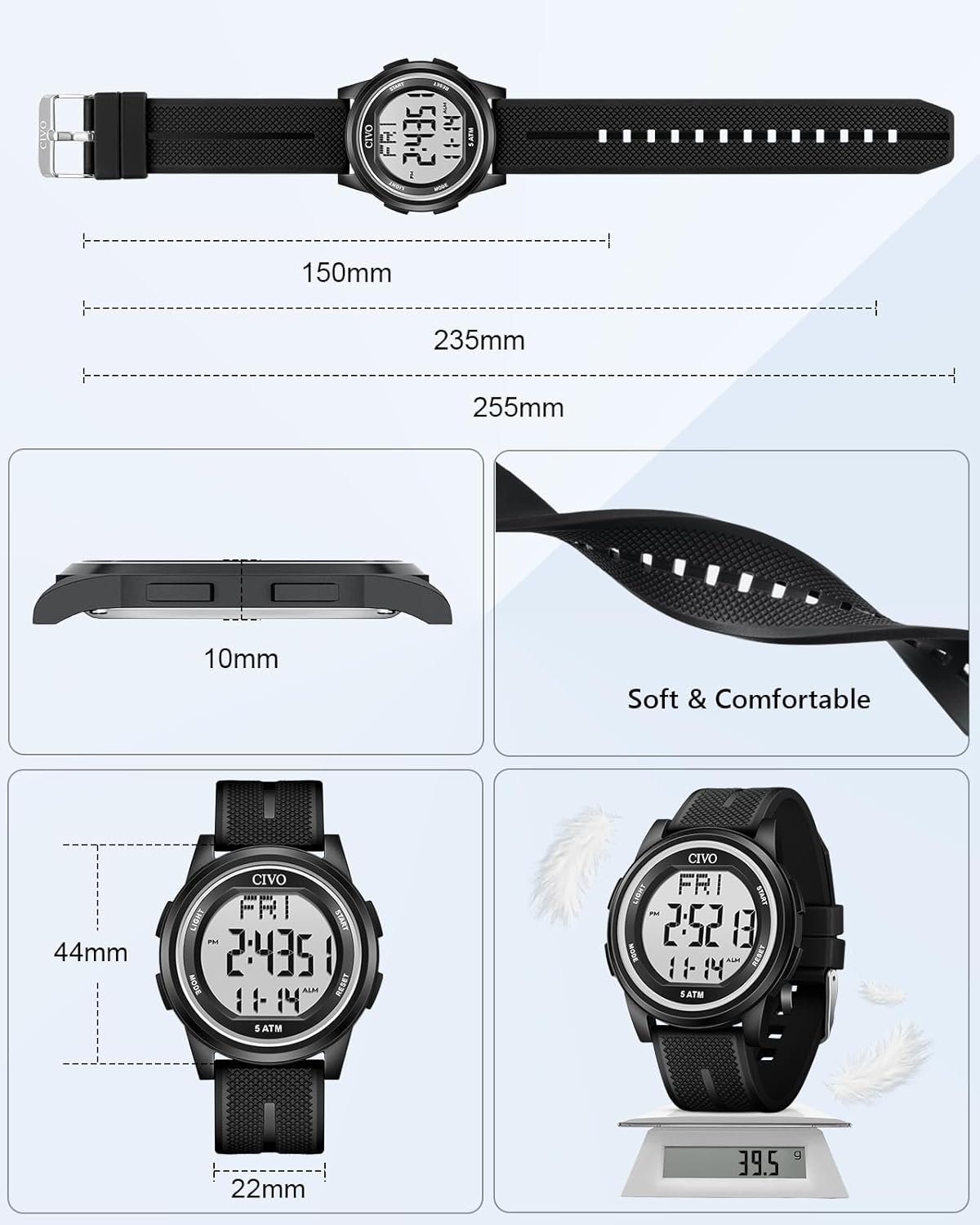 CIVO Digital Watches for Men Women: Sports Waterproof Wristwatch with Stopwatch Alarm Date - LED Backlight Big Numbers Silicone Watch for Outdoor Camping Hiking Cycling - Image 6