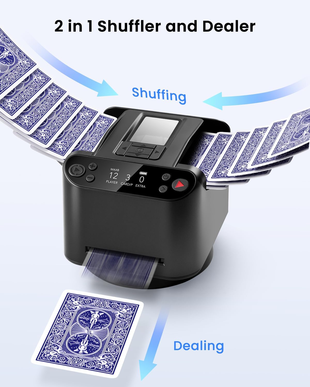 Pro 2-in-1 Automatic Card Shuffler & Dealer Machine, 360° Rechargeable with 4 Wireless Remotes Controls for 12 Players, Advanced Game Modes for Poker Rummy Phase 10, Gift Box