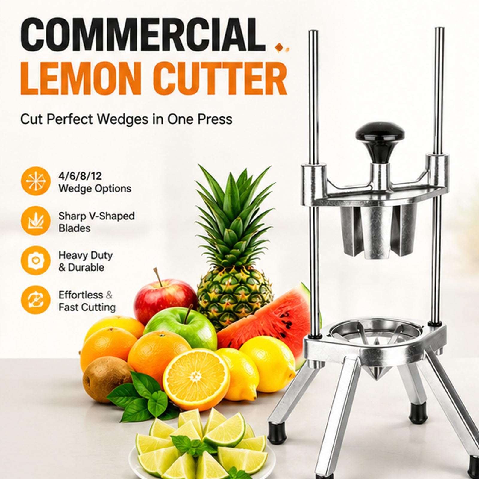 Cortador de limón de acero inoxidable, máquina cortadora de verduras resistente, en forma de V para frutas, corta de 4 a 12 secciones, perfecto para limones y naranjas