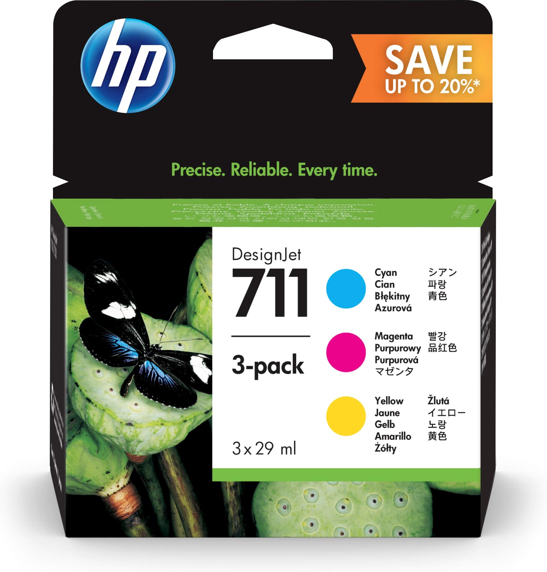 711 P2V32A 3-Pack Cyan, Magenta & Yellow 28-ml Genuine Ink Cartridge, Colour Ink for HP DesignJet T120, T125, T130, T520, T525, T530 Large Format Plotter Printers and HP 711 DesignJet Printhead
