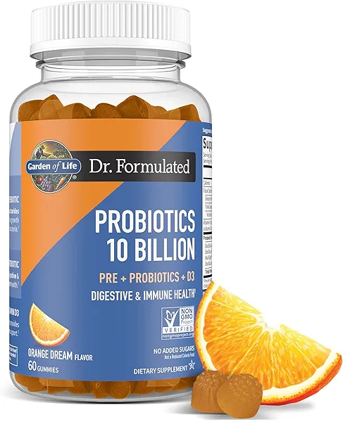 Garden of Life Dr Formulated 10 Billion CFU Prebiotic Fiber & Probiotic Gummies with Vitamin D3 for Digestive and Immune Health – Gluten Free, Non GMO, No Added Sugar, Orange Dream Flavor, 6
