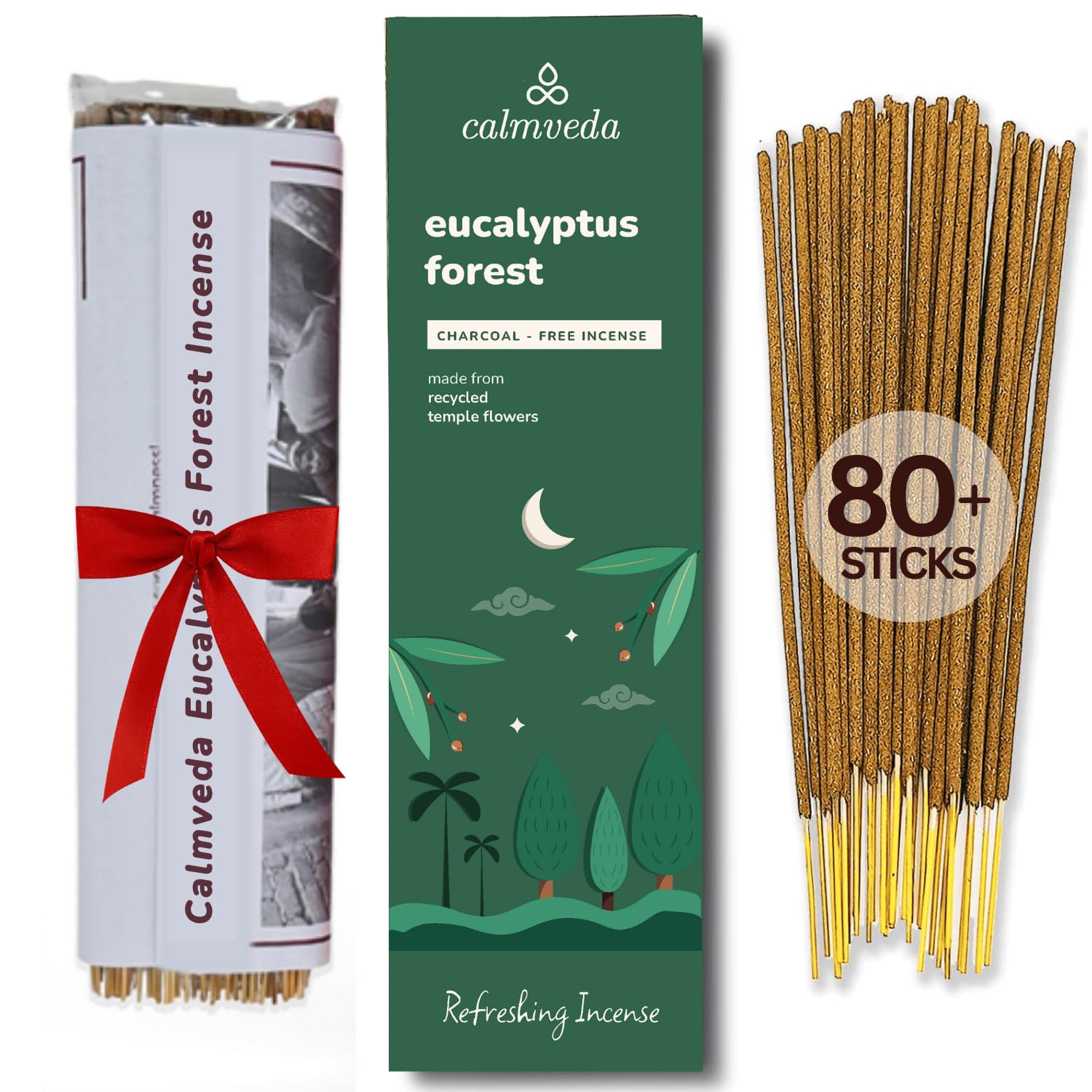Forest Eucalyptus Incense Sticks - 80 Charcoal Free Incense Sticks, Made from Upcycled Flowers | Crisp, Refreshing Aroma of Rainforest Incense, Transports You to Eucalyptus Forest