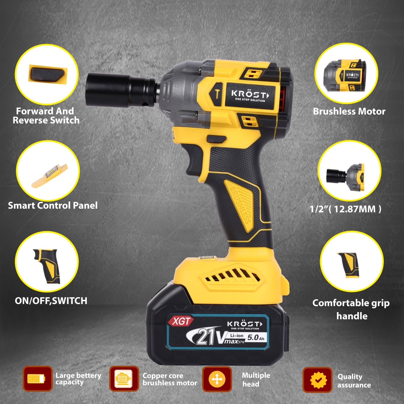 KROST Pro Series 500NM XR Torque Cordless Brushless Impact Wrench, Super Compact,Auto Stop Function, Forward/Reverse Rotation (Double Batteries) 1