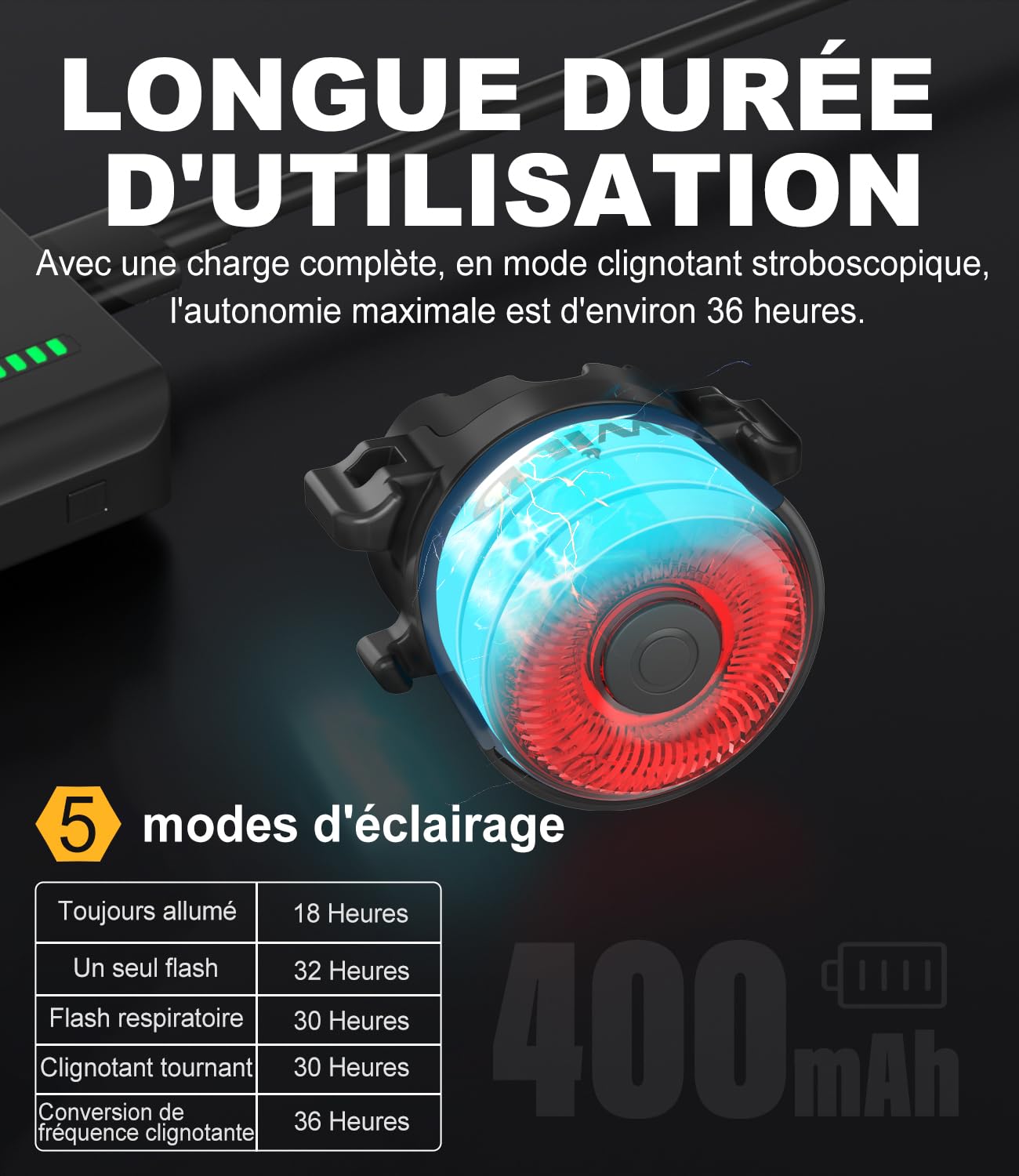 towild TL03 Feu Arriere Velo,Lampe Arriere Velo avec Détection de Freinage,Lumière de Vélo Jusqu'à 36 Heures d'autonomie Rechargeable USB-C, 5 Modes d'éclairage Éclairage Arrière étanches IPX6