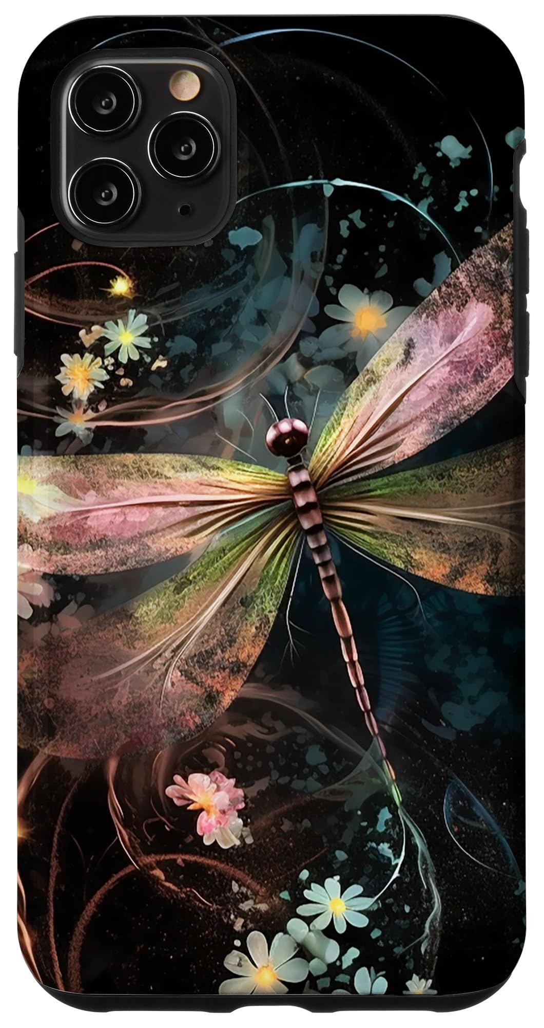 Dragonfly with Flowers and Swirls - Vibrant Artistic design Case for iPhone 11 Pro Max