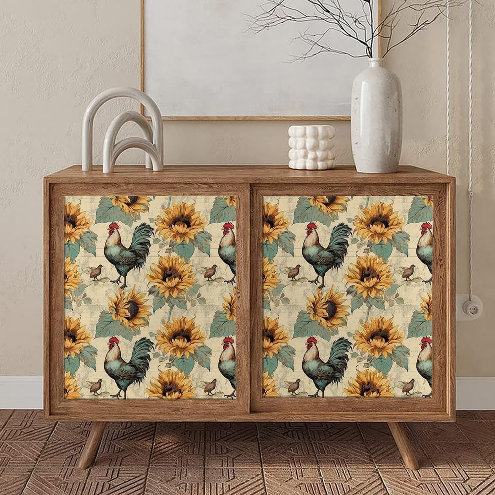 Vintage Sunflower Chicken Rooster Animal Rustic Farm Barn Bird Peel and Stick Wallpaper Easy Peel Off Stick on Adhesive Waterproof Wall Paper for Renter