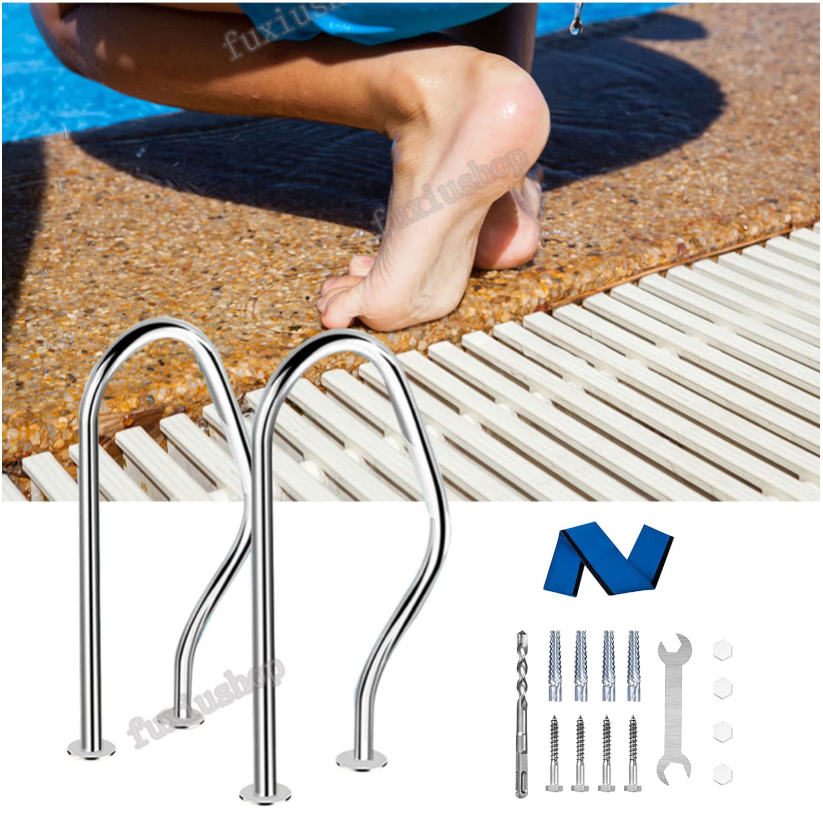 MSHGSKU Sturdy Pool Safety Handrails Pool Handrails Pool Handrail Set of 2, Pool Rail 304 Stainless Steel Swimming Pool Stair Rail Pool Hand Rail with Base Plate Silver Rustproof, Blue Rail Grip 4ft