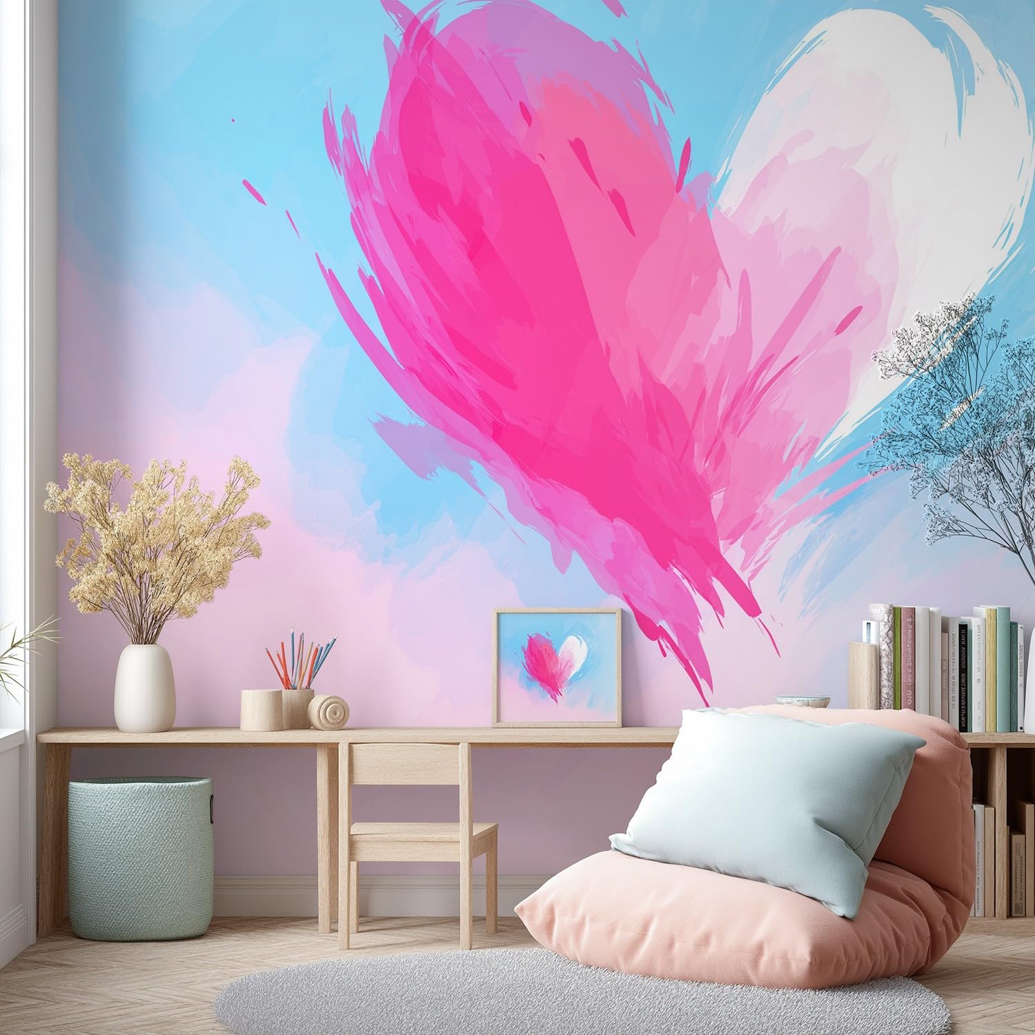 Tapeta 3D minimalistyczna, romantyczna, różowa, 315 x 215 cm, mural ścienny, kształt serca, miękka tapeta mural do sypialni, przedszkola, malowniczego ogrodu