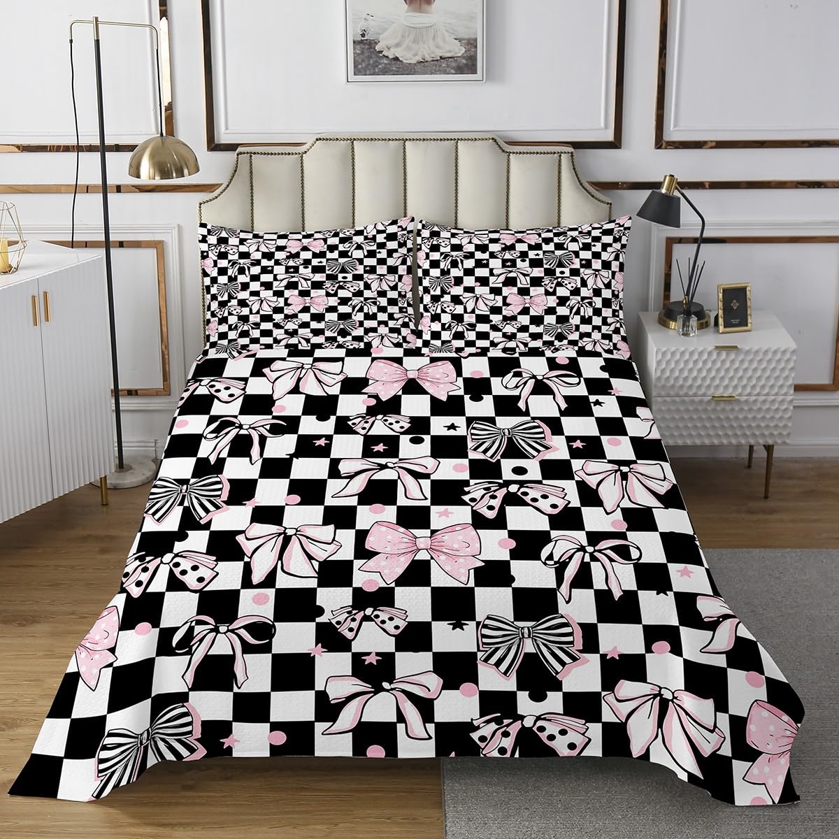 jejeloiu Cute Bow Tie Bedspread Kawaii Bowknot Bedspread for Kids Boys Girls Black White Plaid Coverlet Set Stars Print Quilted Bedroom Collection 3Pcs Queen Size