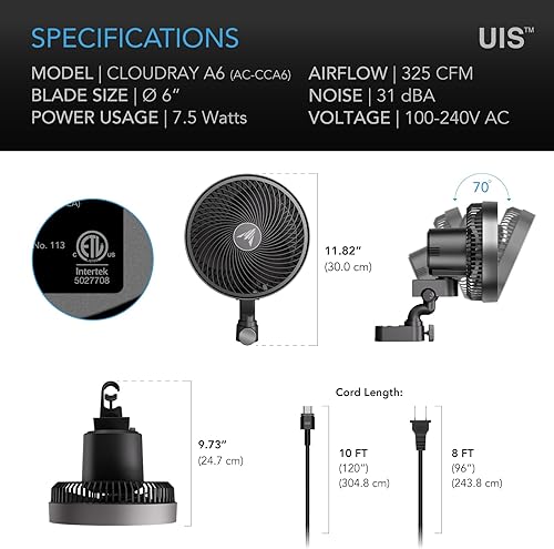 Miniatura 10 de AC Infinity CLOUDRAY S6, ventilador de clip para tienda de campaña de cultivo de 6 pulgadas con 10 velocidades, motor EC, resistente a la intemperie