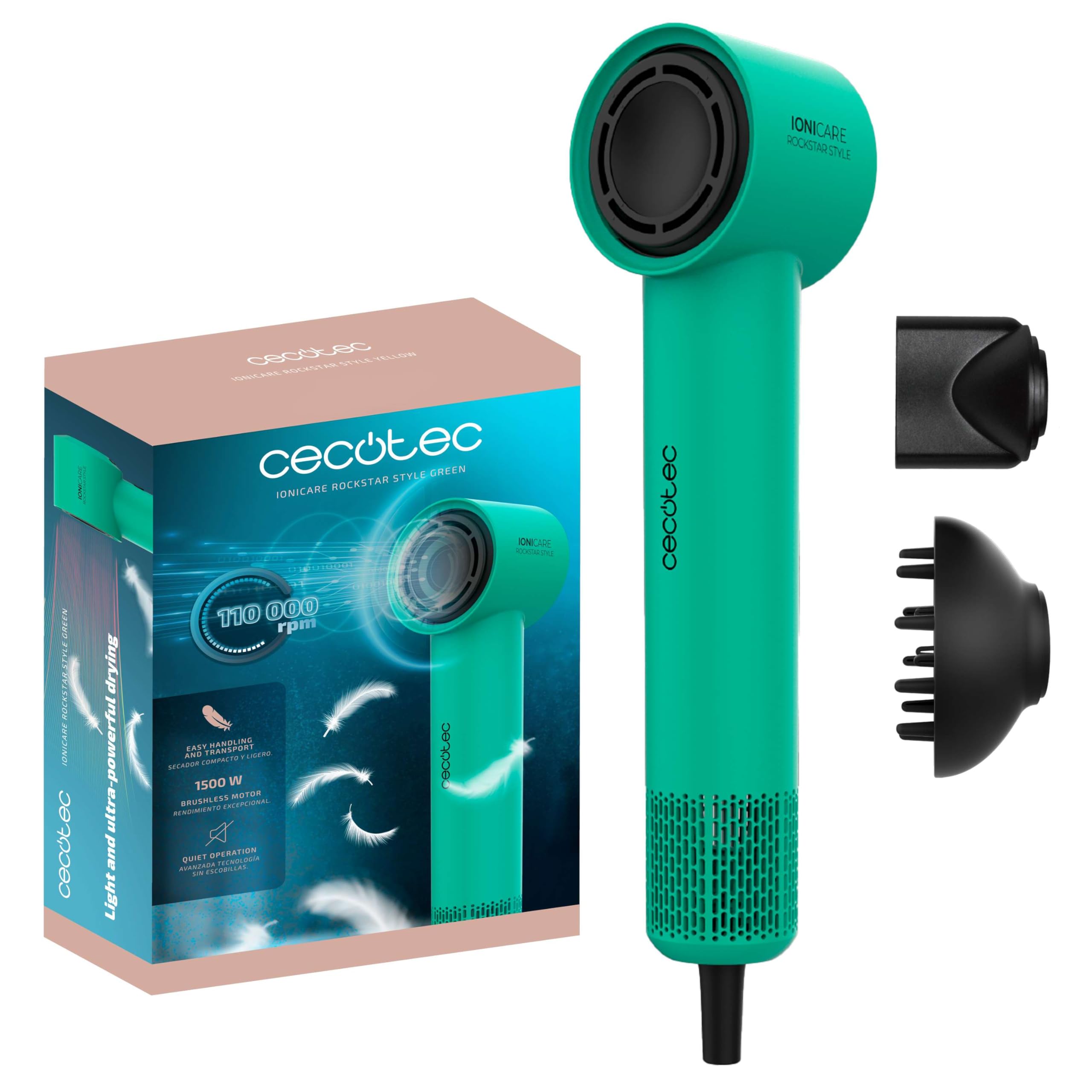 Cecotec Secador de Pelo Ionicare Rockstar Style Green, Secador Muy Compacto y Ligero, Motor 1500W 110000 Rpm, Generador de Iones, 4 Temperaturas, 3 Velocidades, Silencioso: Tecnología Brushless