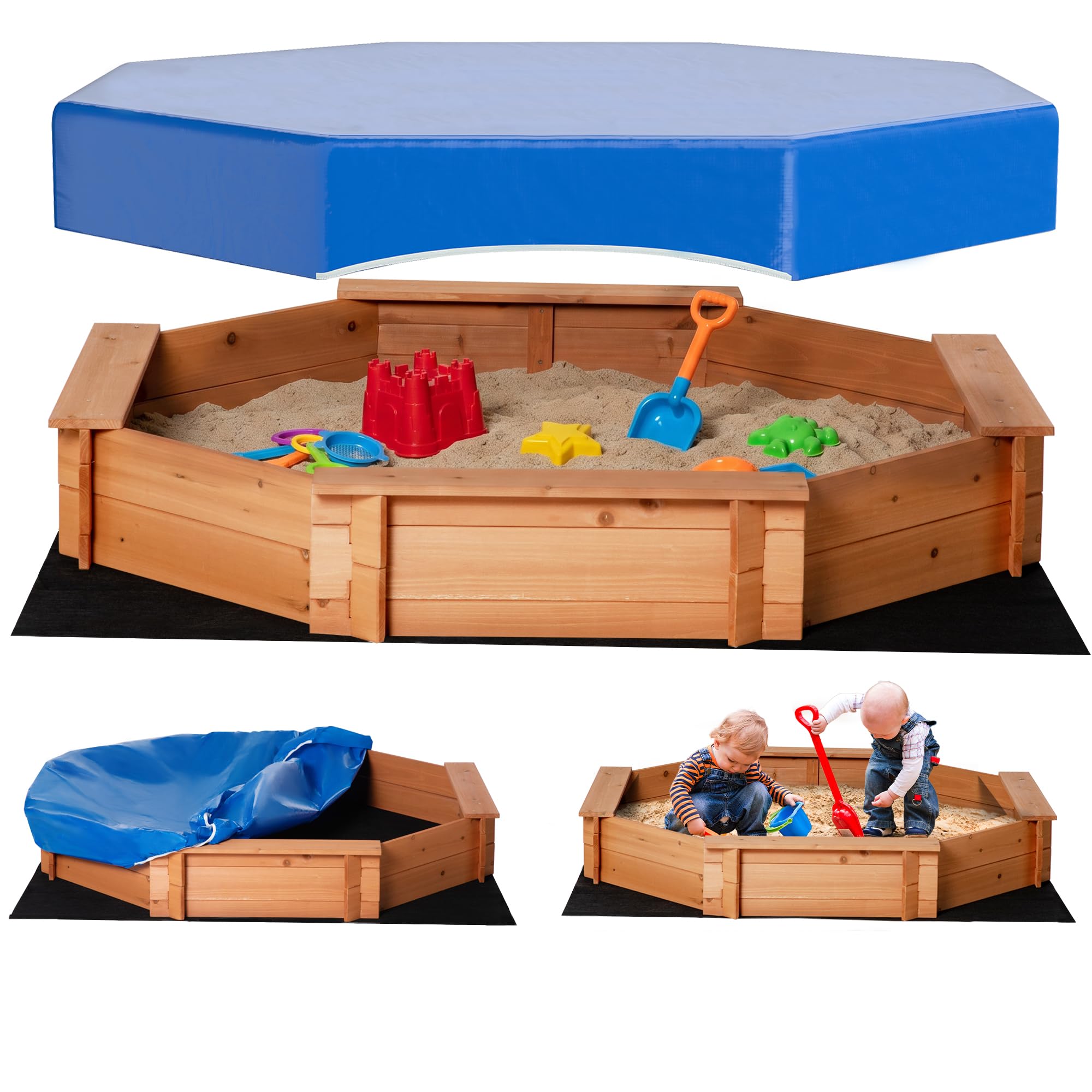 Outsunny Arenero de Madera para Niños Arenero Infantil Octágono con Cubierta de Poliéster y Tela no Tejida Juego para Niños de 3-8 Años para Patio Jardín 139,5x139,5x21,5 cm Rojo y Azul