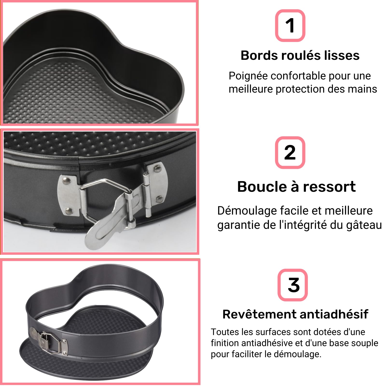 Moule Gâteau Coeur Charnière - Revêtement Antiadhésif Base Souple pour Anniversaires, Mariages - 3 Tailles (20/22/24cm)