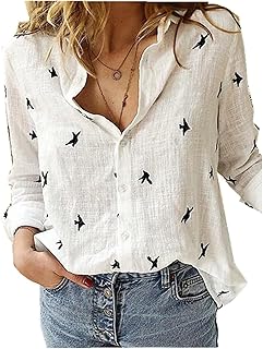 OULIWANGLUO Women's Linen Button Down Blouses Tops Casual Solid Collar Blouse V Neck Long Sleeve Shirt