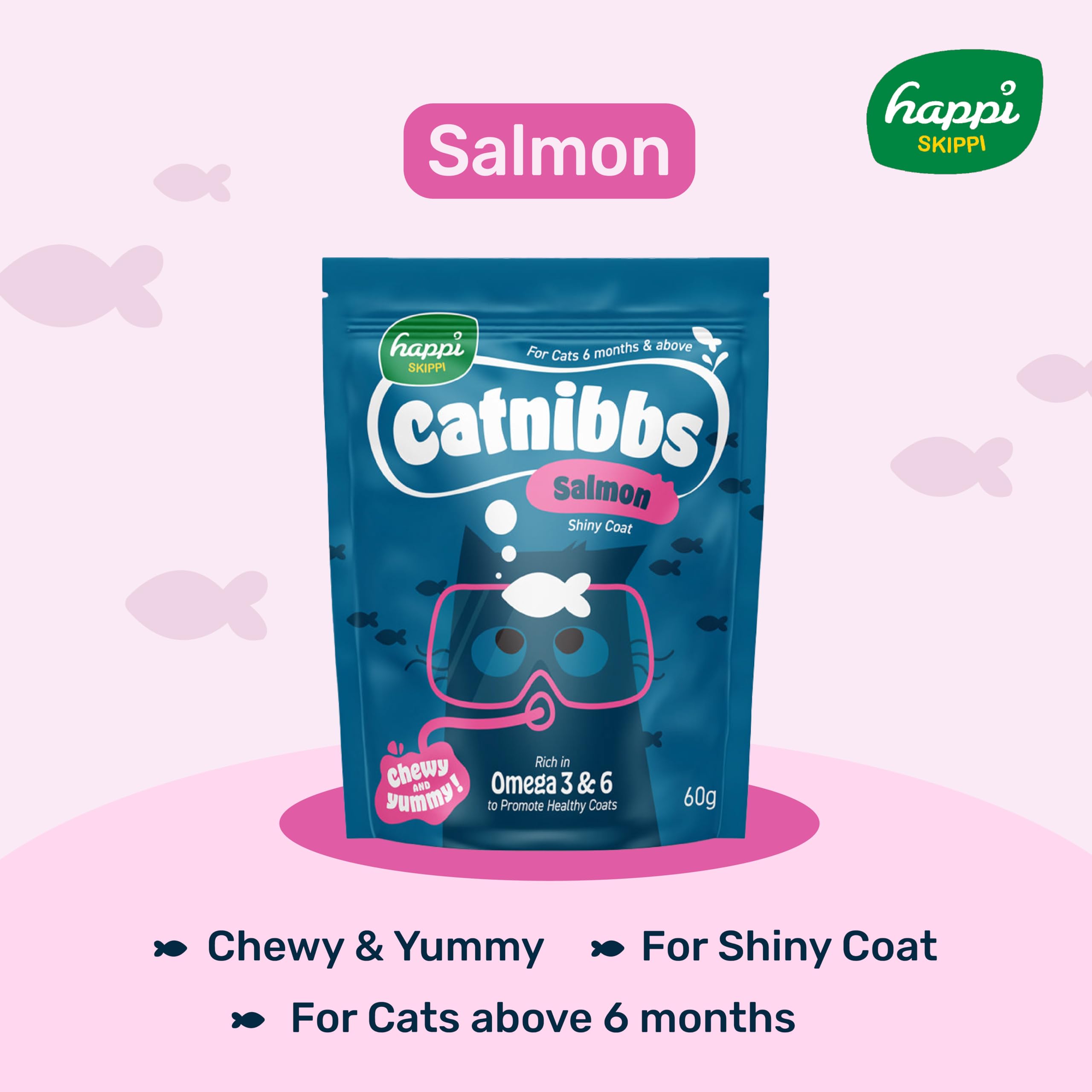 Happi Skippi Catnibbs Salmon Shiny Coat Chewy Snack - 60g | Soft, Yummy & Omega-Rich Bites Supporting Skin Health | Tasty Chews Breeds and Life Stages 2