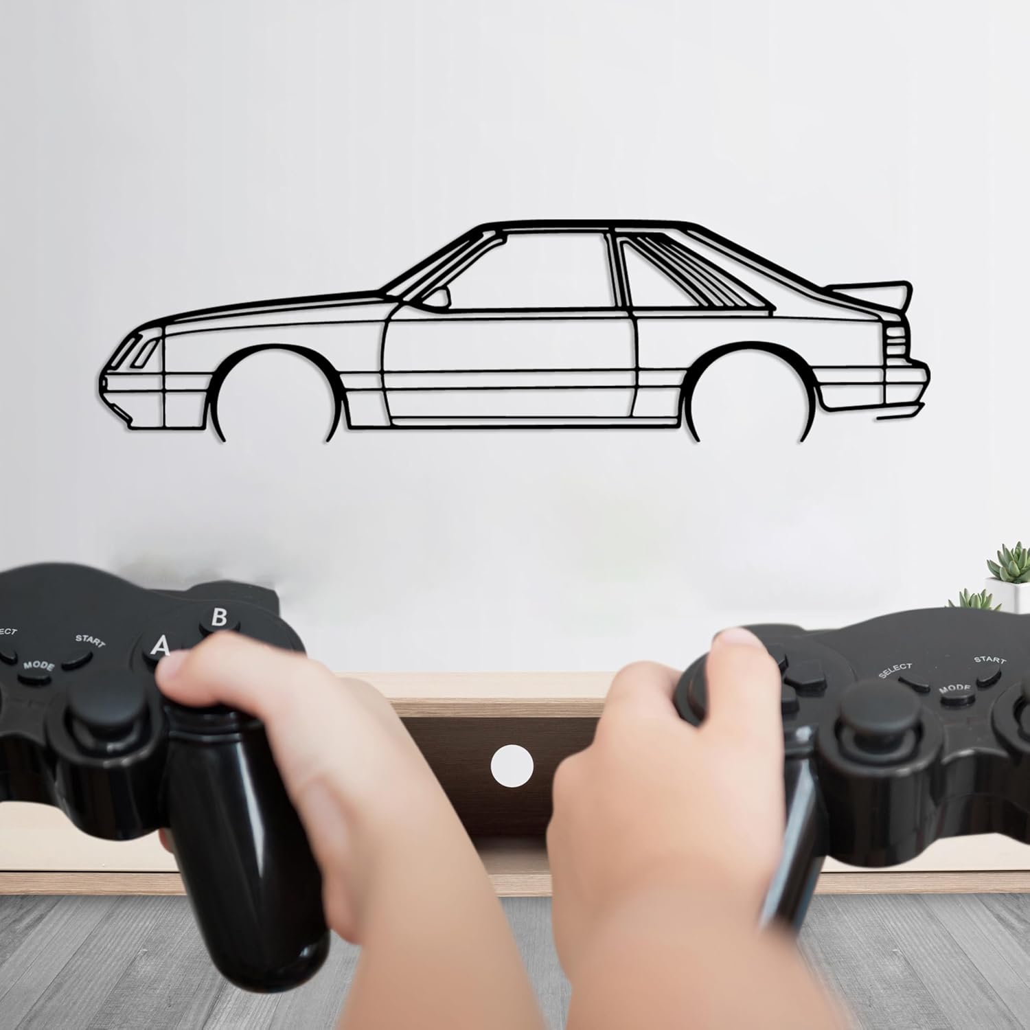 DecoSoul Mustang Metal Car Wall Art, Sports Car, Automotive Silhouette Line Decoration, Minimalist Sculpture for Garage, Indoor Outdoor Wall Hanging, Gift for Boyfriend (Black - 55 x 15.1” inch)