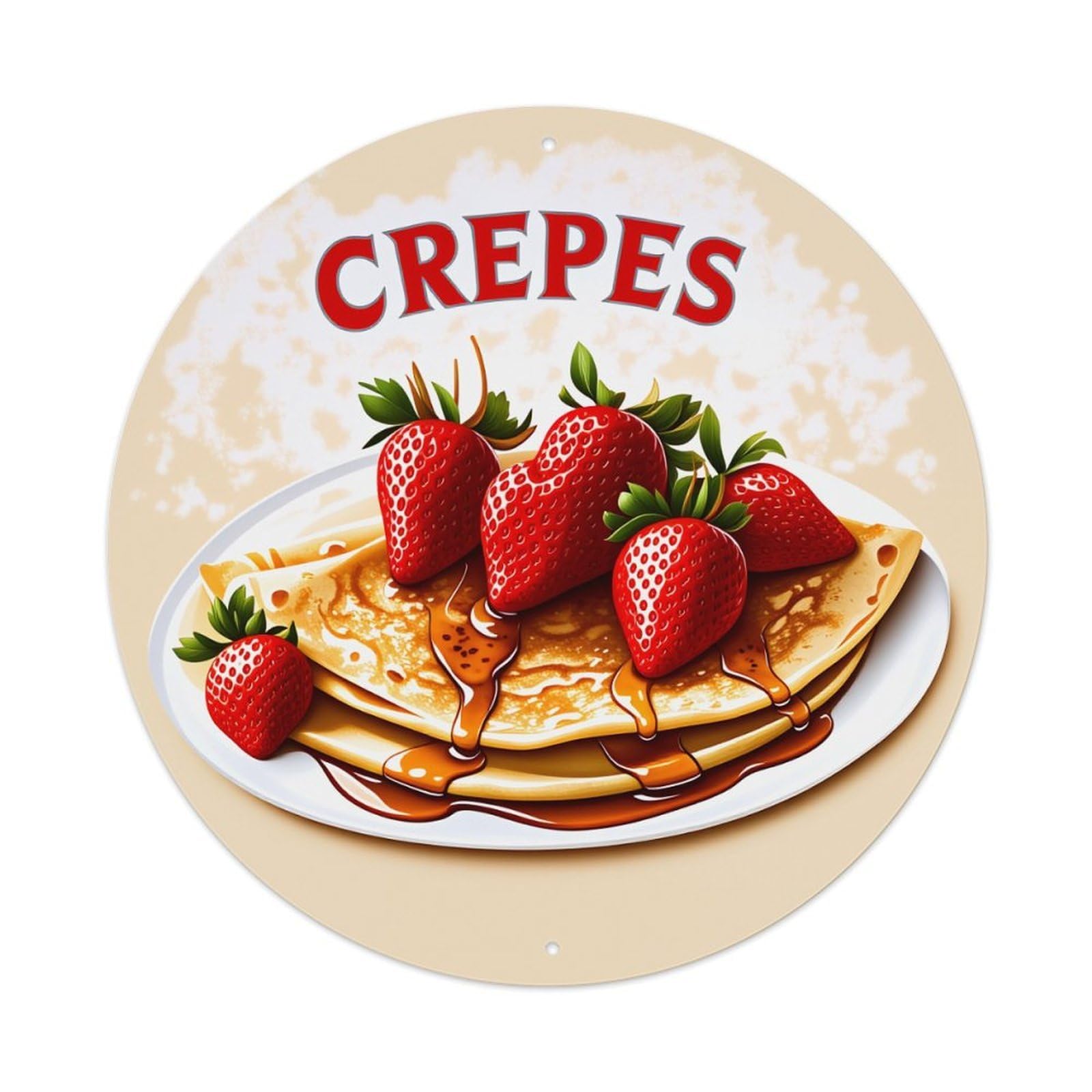 Crepes With Strawberries And Syrup Vintage Metal Tin Sign Retro Wall Decor for Home Bar Garage Cafe, Indoor & Outdoor Decorative，circle Metal Poster, 8x8 Inch