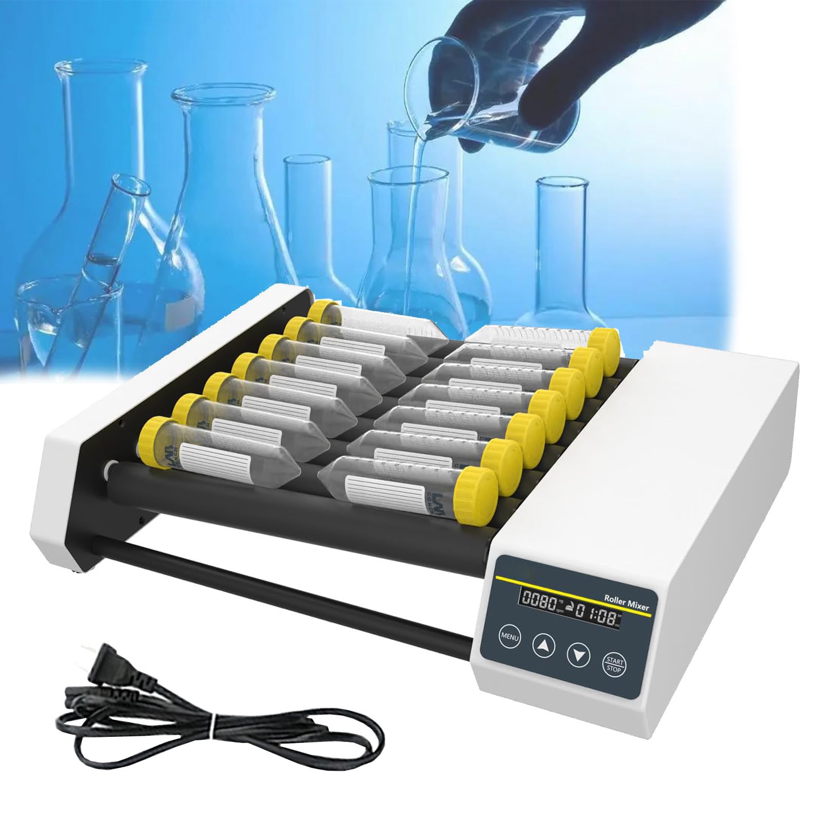 Mezclador Agitador Orbital para Laboratorio (20-80 RPM), Tambor: 6/8 Rodillos (Longitud: 28 cm), con Modo Continuo/Temporizador, Pantalla Digital Led, Eje Alto/Bajo, Motor Sin Escobillas,8Pro