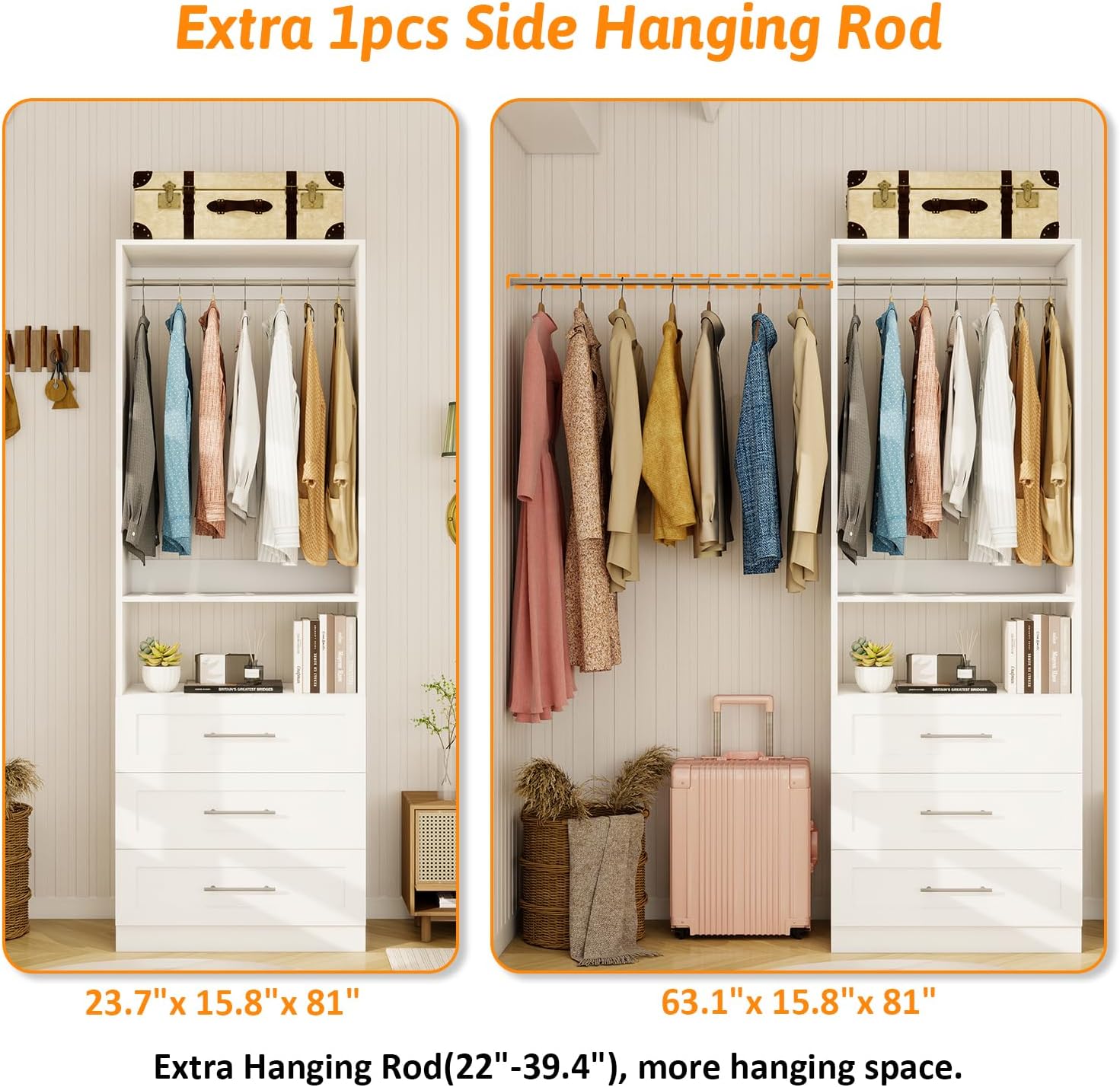 Closet System with Wooden Drawers, 2FT Closet Organize System with 3 Drawers & 2 Hanging Rods &for Walk in Closets, 24" Freestanding Closet System, White(2FT)