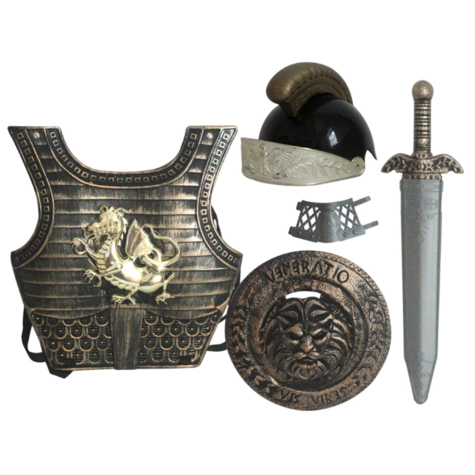 Costume da cavaliere per bambini, modello drago, armatura da cavaliere medievale, include casco, scudo, spada, protezioni per i polsi e armatura per giochi di ruolo cosplay di Halloween, 5 pezzi