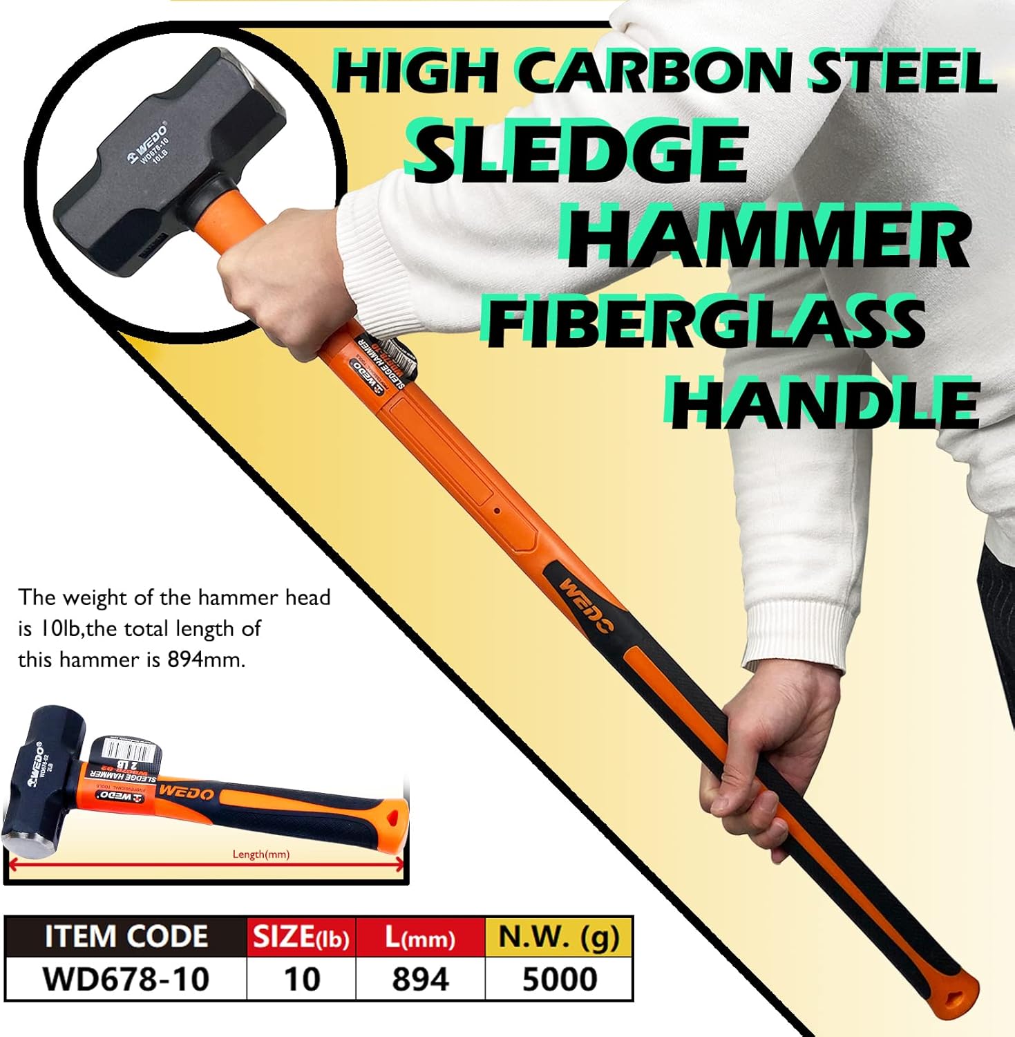 WEDO Sledge Hammer 10 lb(160oz) with Fiberglass Handles, High Carbon Steel Hammer, Shock Resistant, Non-Slip Handle, Die-forged, Strong Torque, Durable (WD678-10NN)