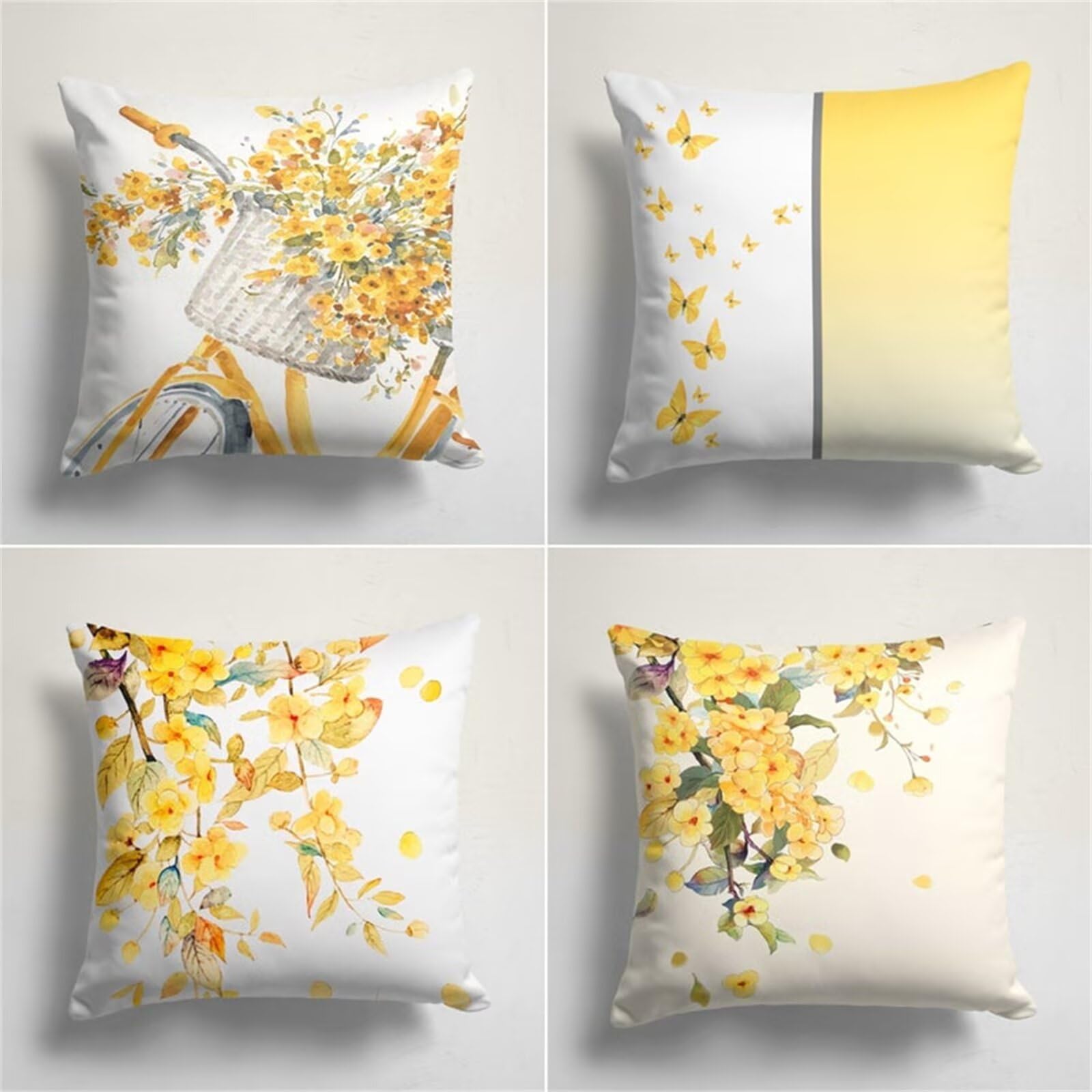 QiHon Set of 4 Decorative Linen Cushion Covers 60x60 cm, Modern Yellow Flowers Square Throw Pillow Cases with Invisible Zipper, Breathable Pillowcases for Sofa Couch Living Room Bedroom Garden