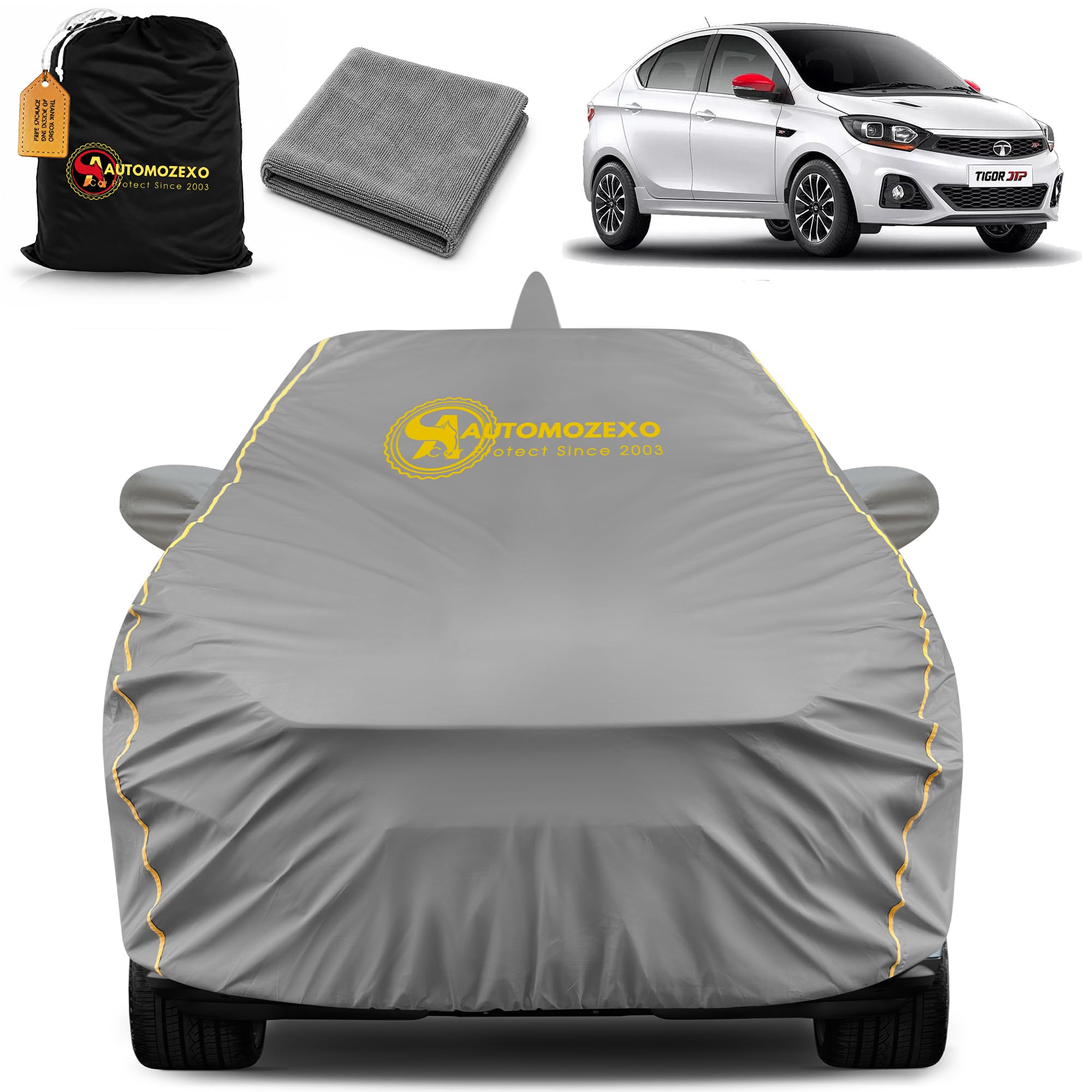 AUTOMOZEXO Tata Tigor Car Cover for all weather protection with Mirror & Antena Pocket this Inner Cotton Layer Triple Stitched Waterproof Cover with Adjustable Belt Bottom Elastic to Secure Fit (Grey)-image-27