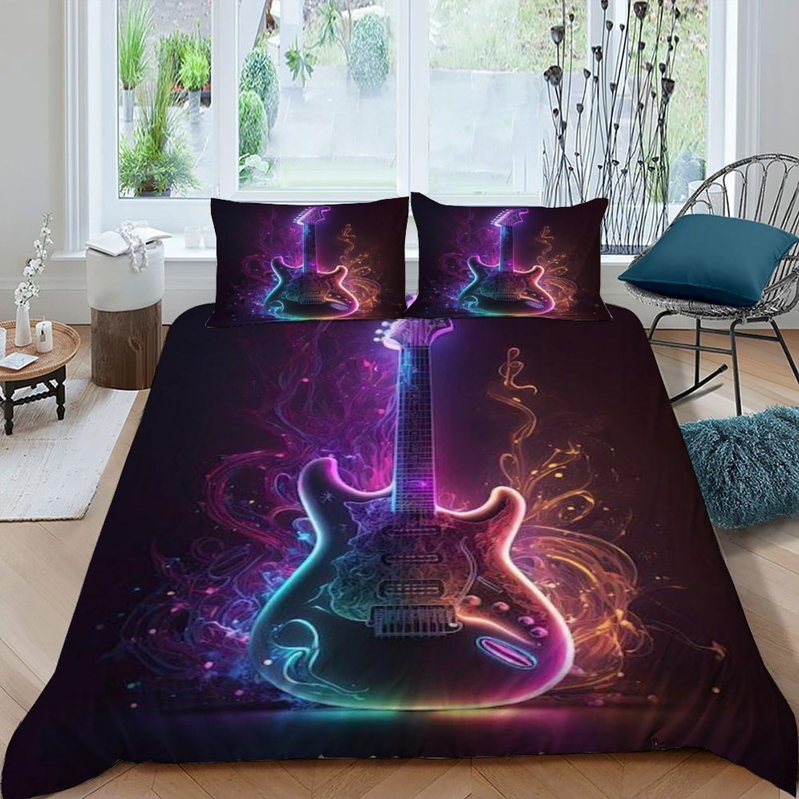 Housse de couette guitare néon 220x240cm parure linge de lit ado microfibre